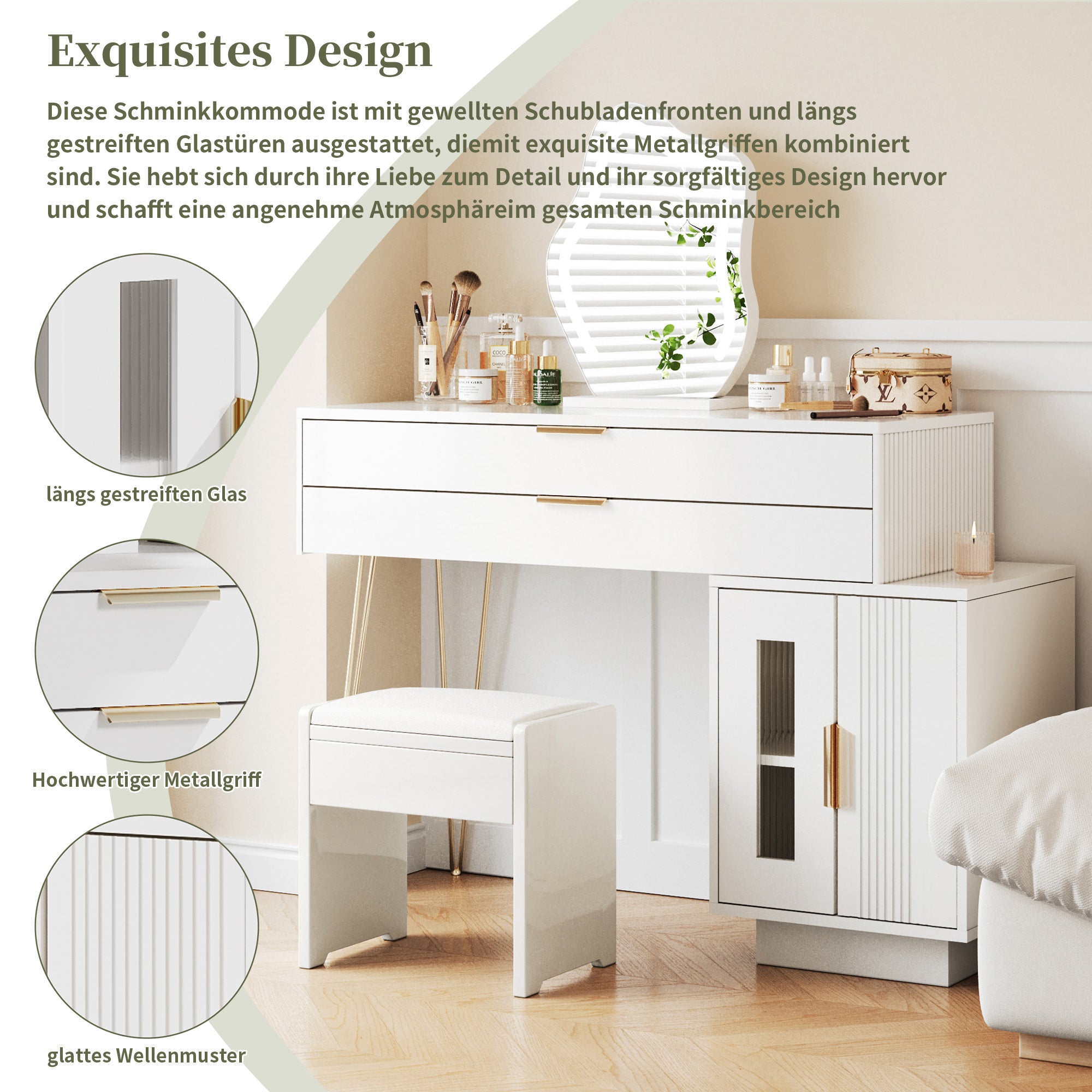 Dressing table with LED-lit mirror, extendable design, white