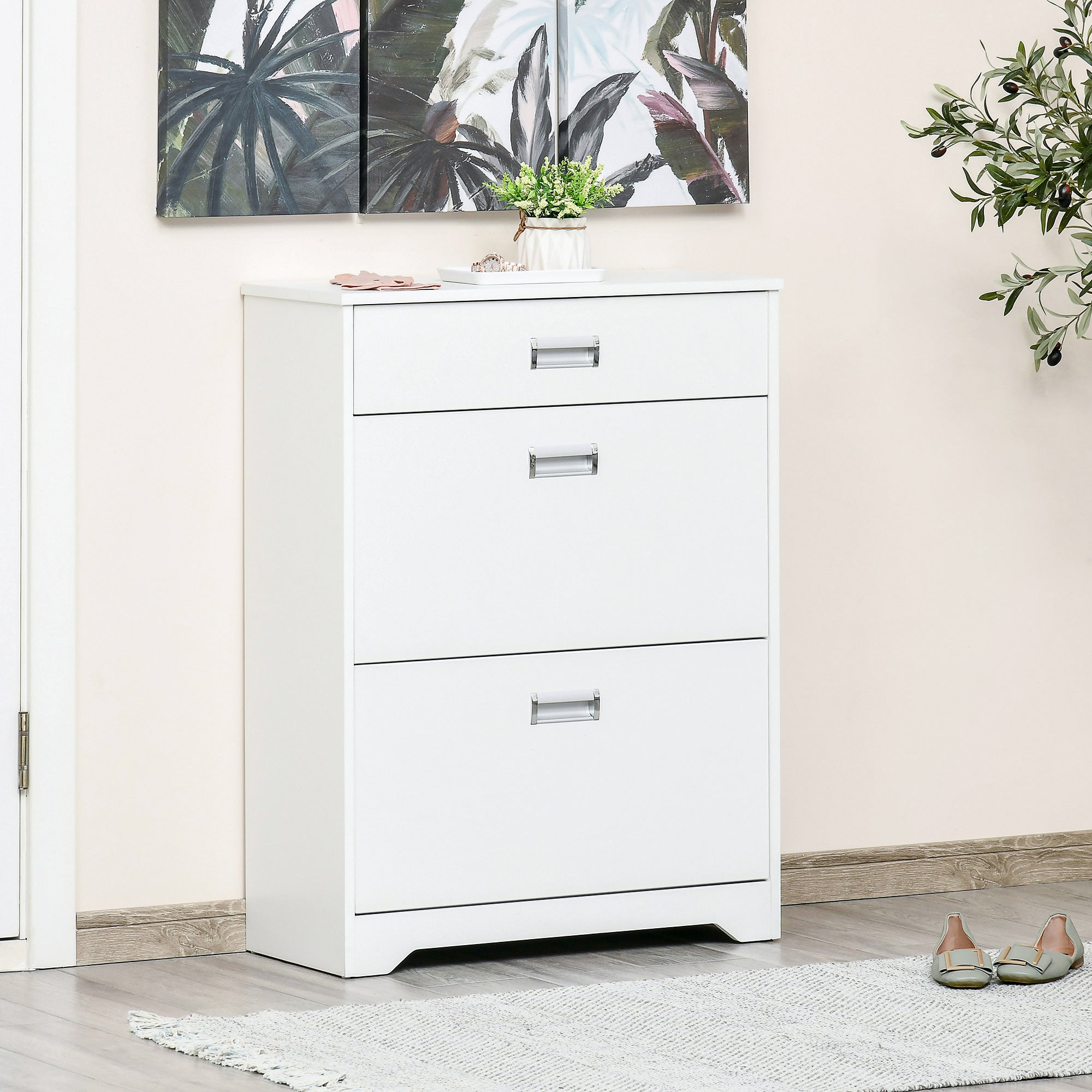 Shoe Cabinet, Slim Storage with Drawer and 2 Flip Doors, White