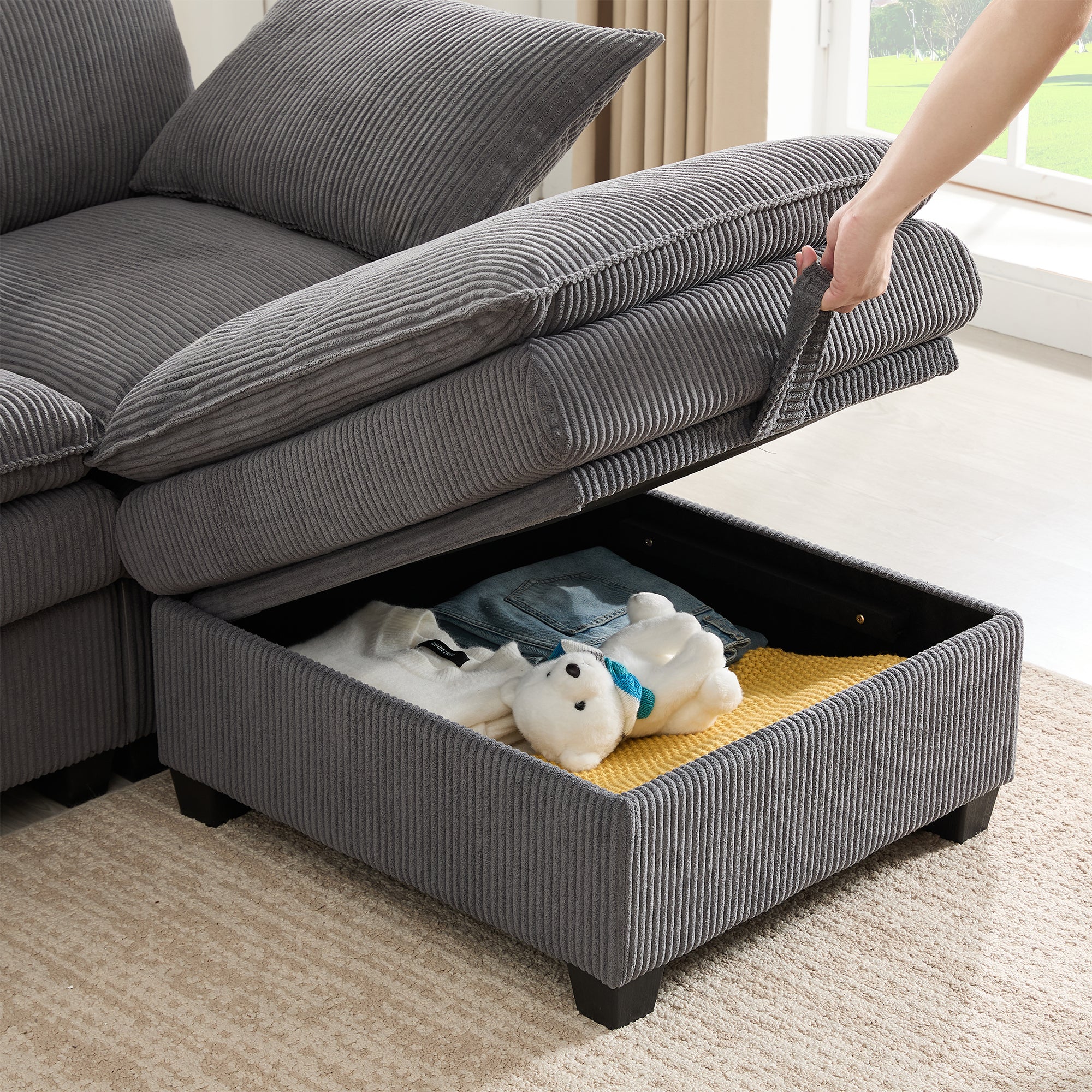 Modern L-shaped Sofa Modular Storage USB Footstool Gray Corduroy