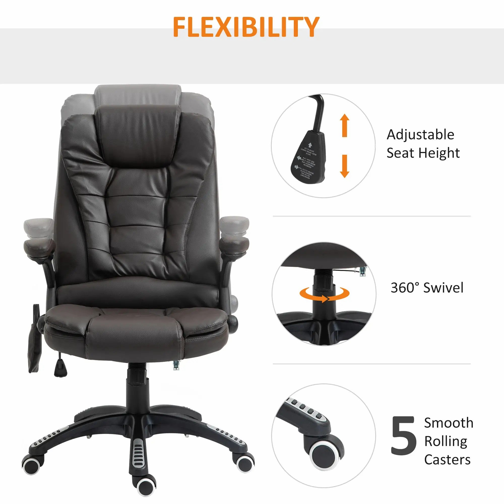 6-Point Massage Office Chair, Heated High Back Executive Desk Chair, PU Leather Brown