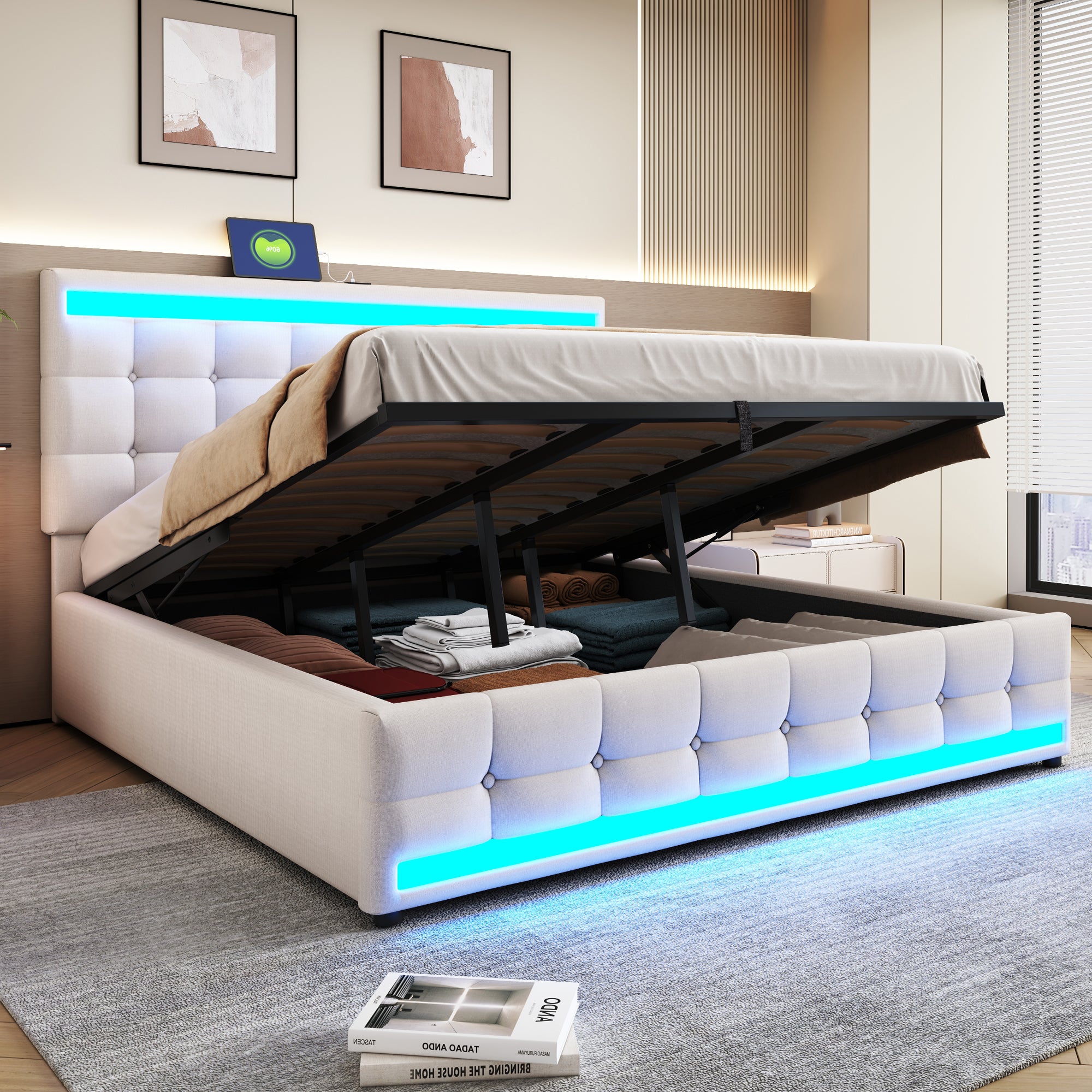 Upholstered Bed, Hydraulic Storage with USB & LED Light Strip, Beige Linen