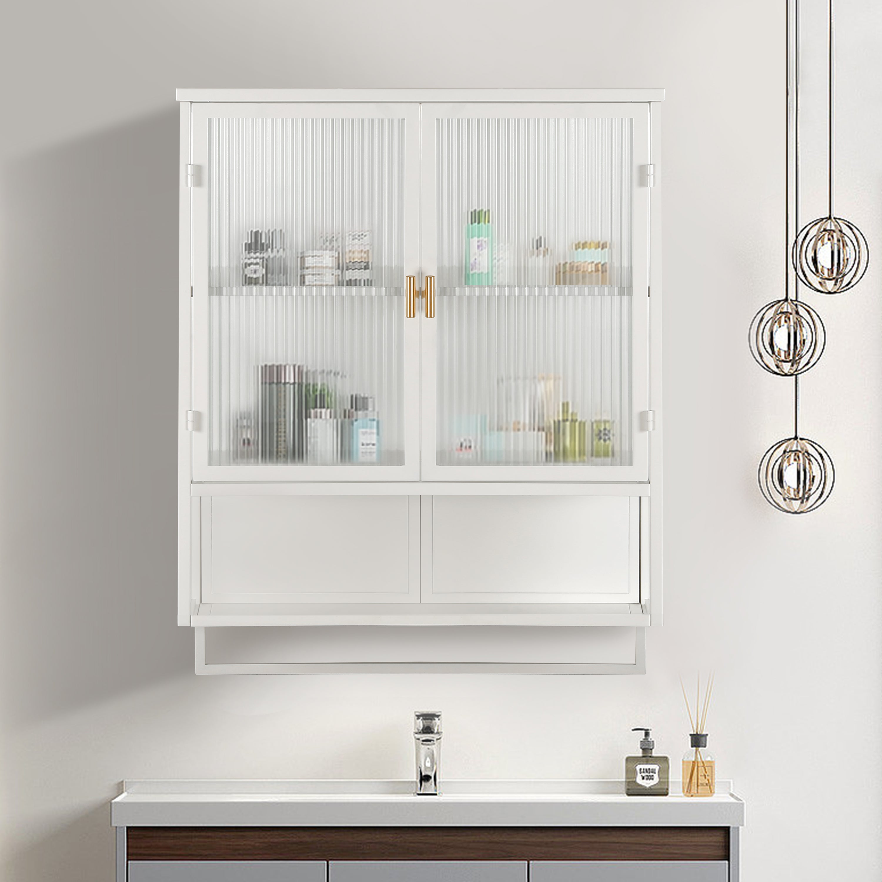 60CM Wall Cabinet with Glass Doors, Two-tier Enclosed Storage, Open Shelf, Towel Rack, White