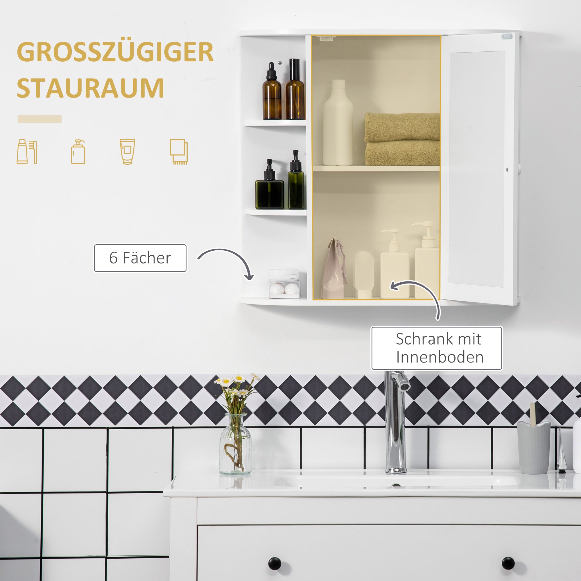 Mirror Cabinet, Wall Mounted with 8 Compartments, White