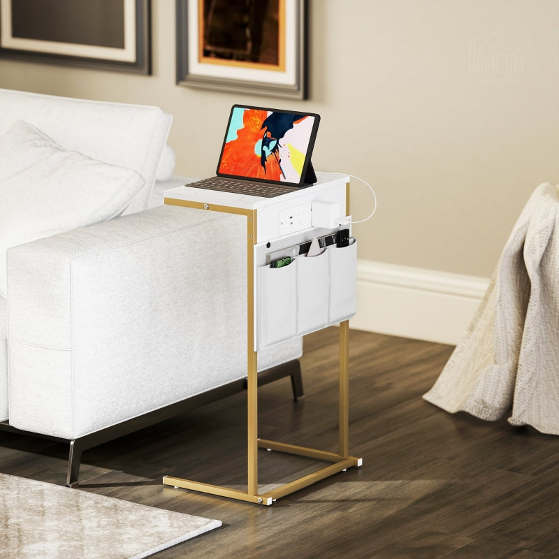 C-Shaped Bedside Table with Charging Station, Power Outlets, USB Ports & Storage, White Marble Grain