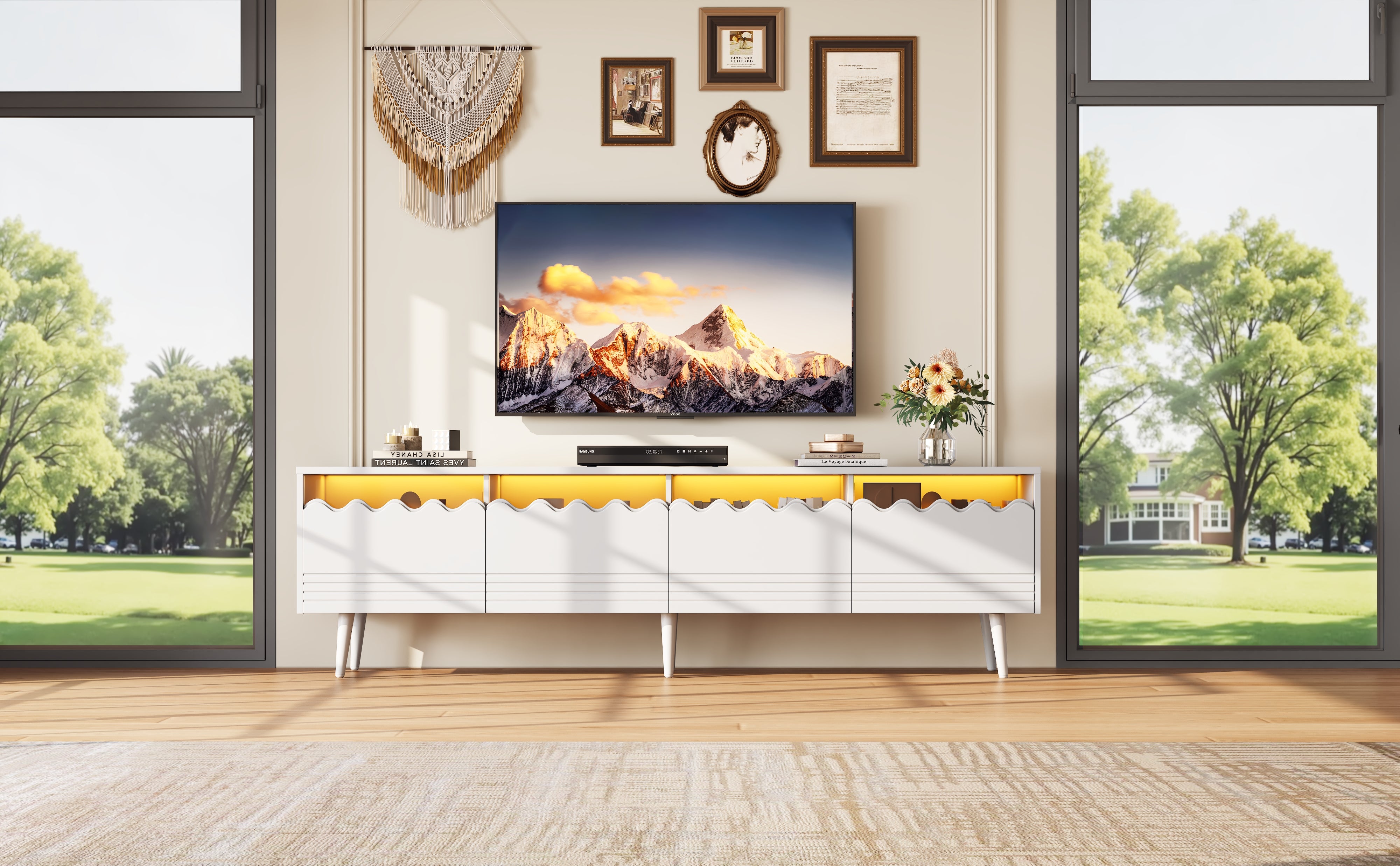 TV Stand, 176x38x45cm Lowboard with 2 Drawers & 2 Cabinets for up to 75 inch TVs, White