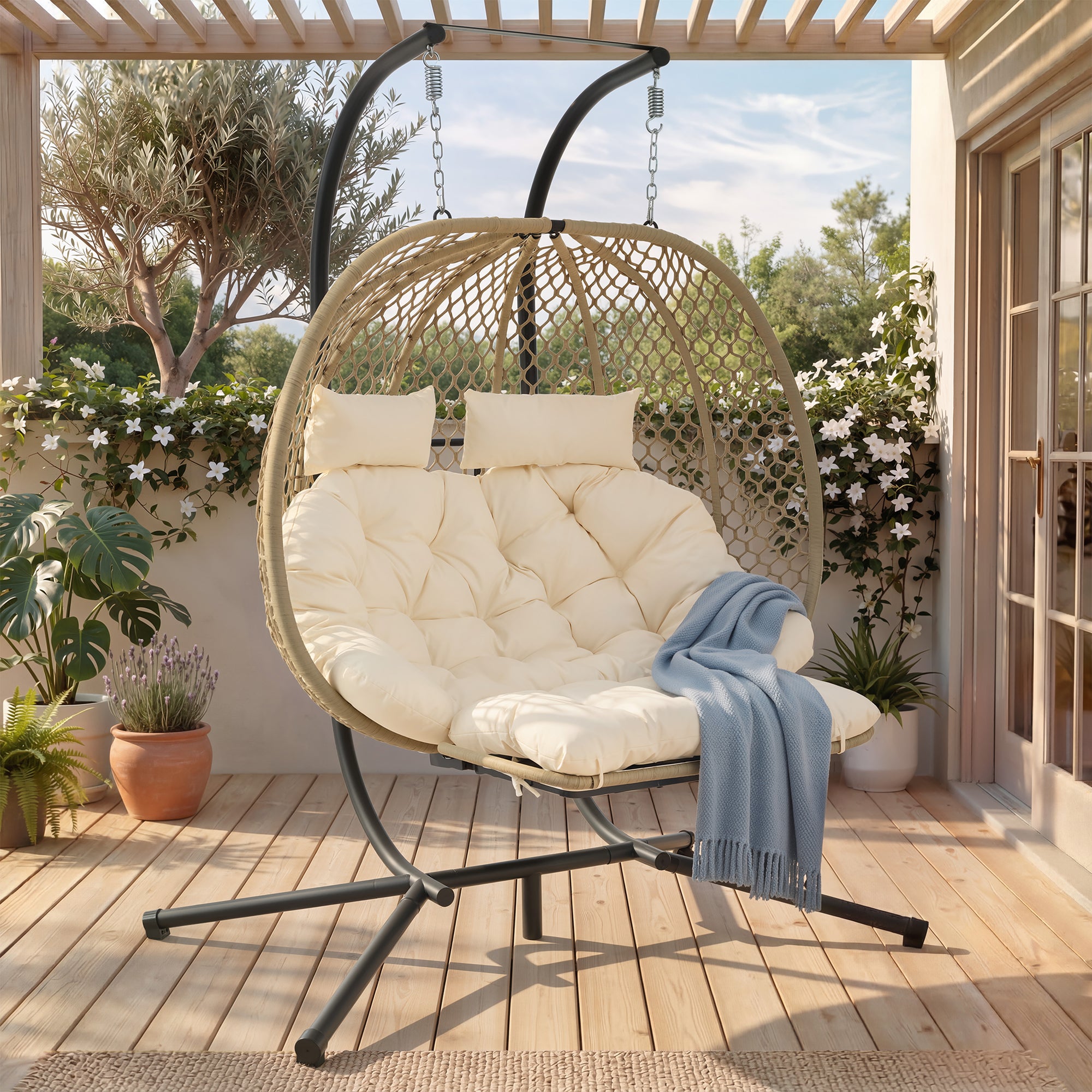 Double Hanging Egg Chair with Stand, Seat Cushion and Footrest, Outdoor/Indoor, Metal and Rattan