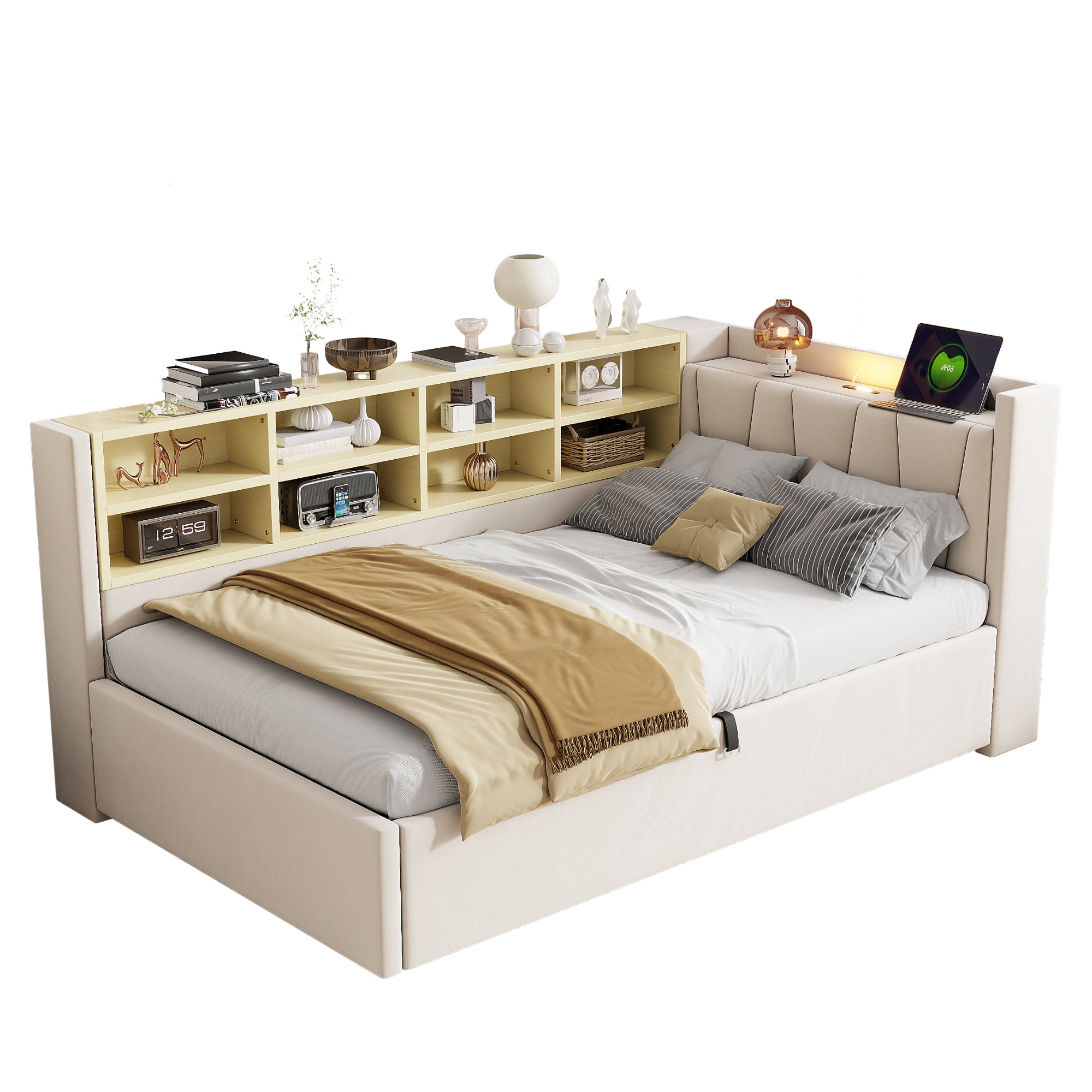 Sofa Bed, 90x200cm, Hydraulic Storage, Night Light, USB/Type-C, Velvet Beige