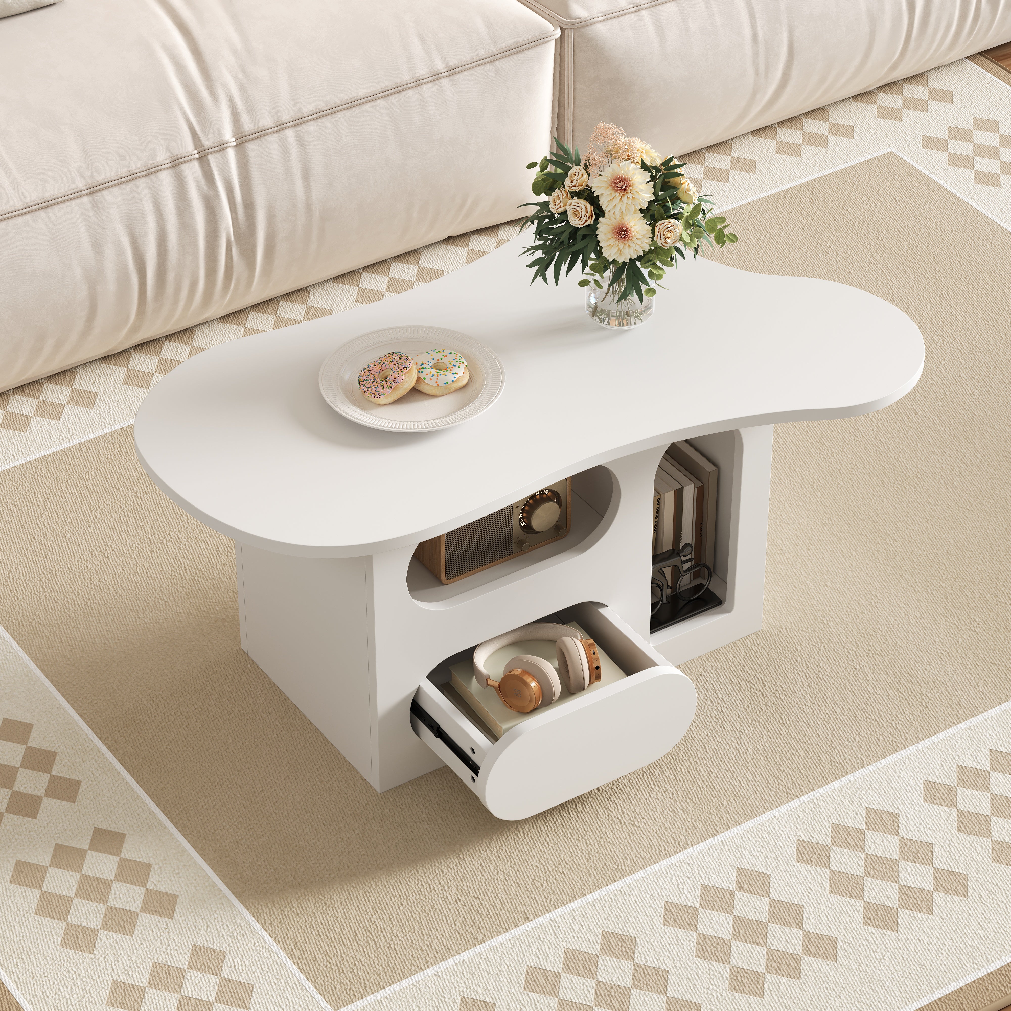 Coffee Table with Drawers, Cloud-Shaped with Open Storage, High-Quality Material
