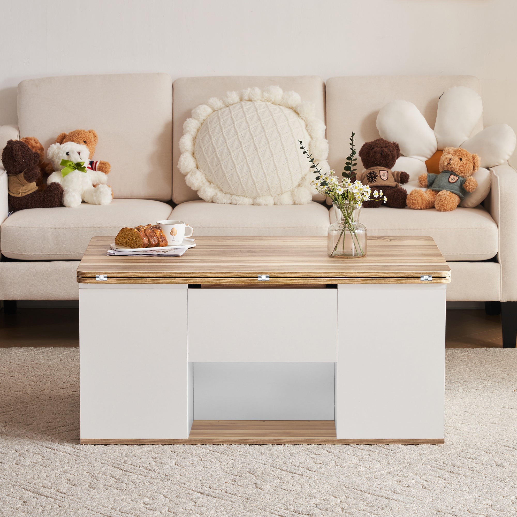 Liftable Coffee Table Opens to 2 Tables Storage - White/Wood