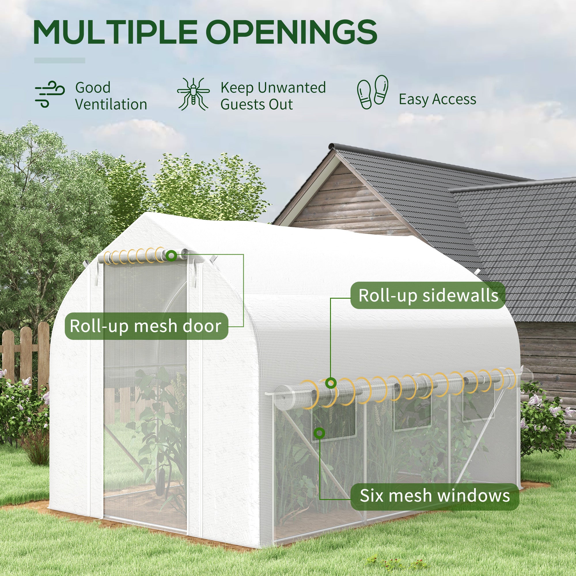 3 x 2(m) Walk-in Polytunnel Greenhouse, Zipped Sidewalls, 6 Mesh Windows, White PE Cover