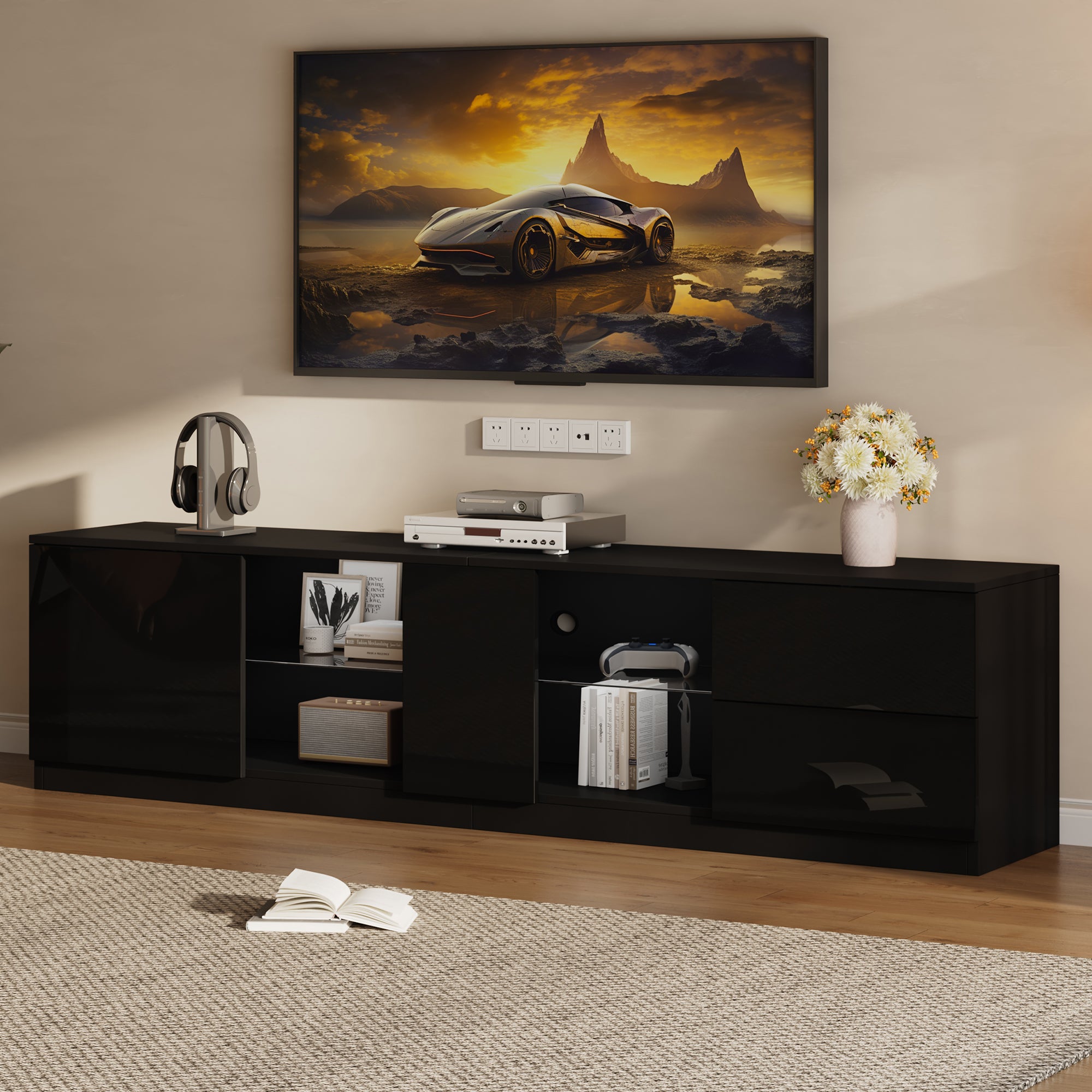 Lowboard TV Stand High-Gloss with LED Lighting 160cm for 65" TV Black