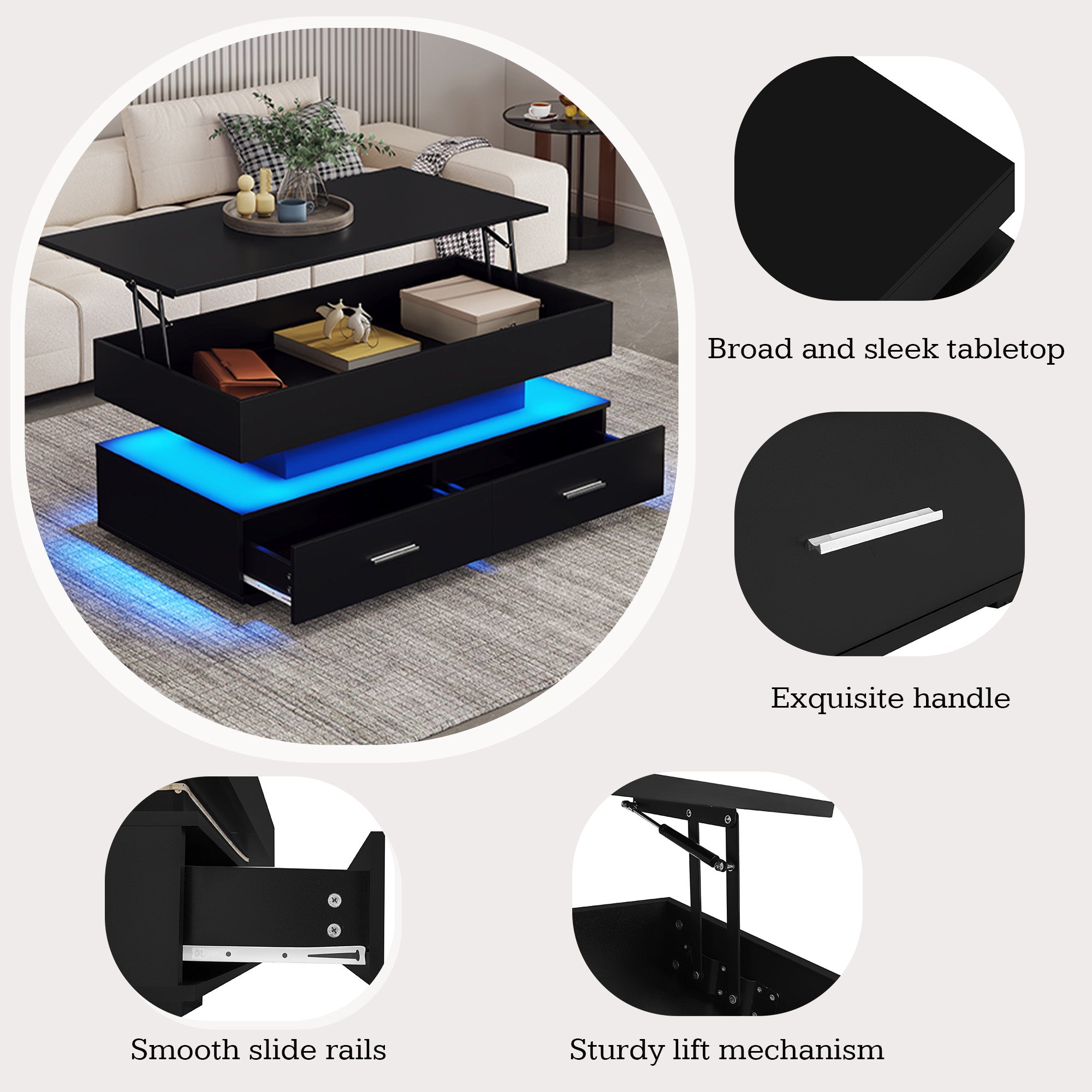 Coffee Table, Hydraulic Height-Adjustable with LED & Bluetooth, 2 Drawers, Black
