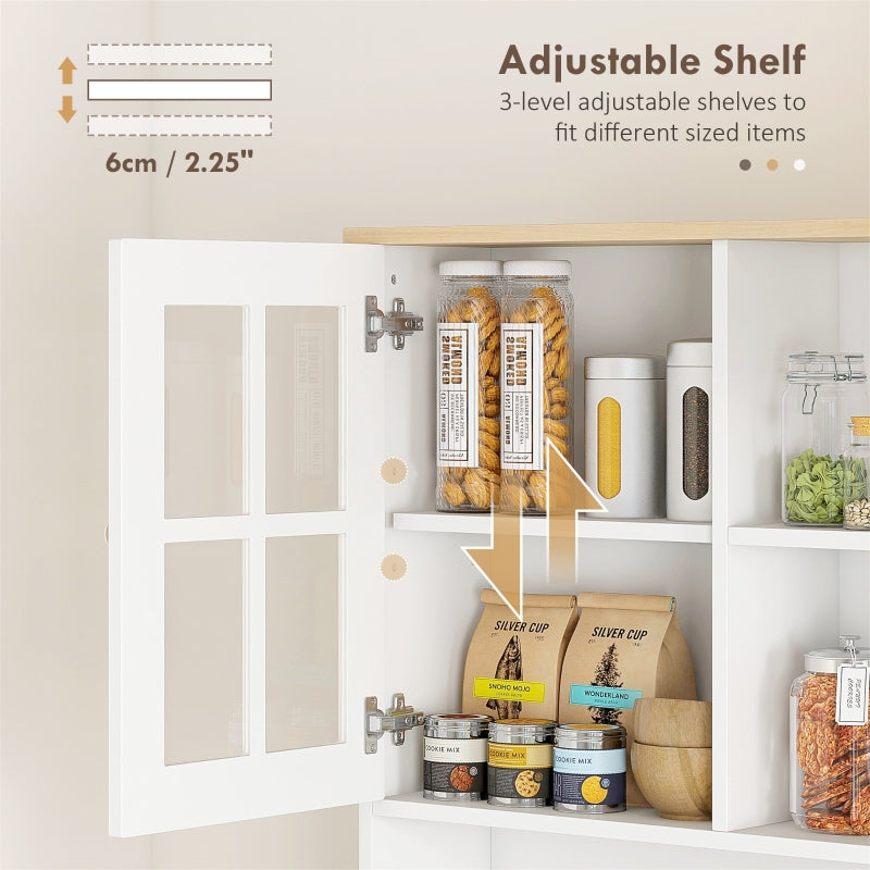 Freestanding Kitchen Cupboard, Storage Cabinet Grid Glass Doors - White