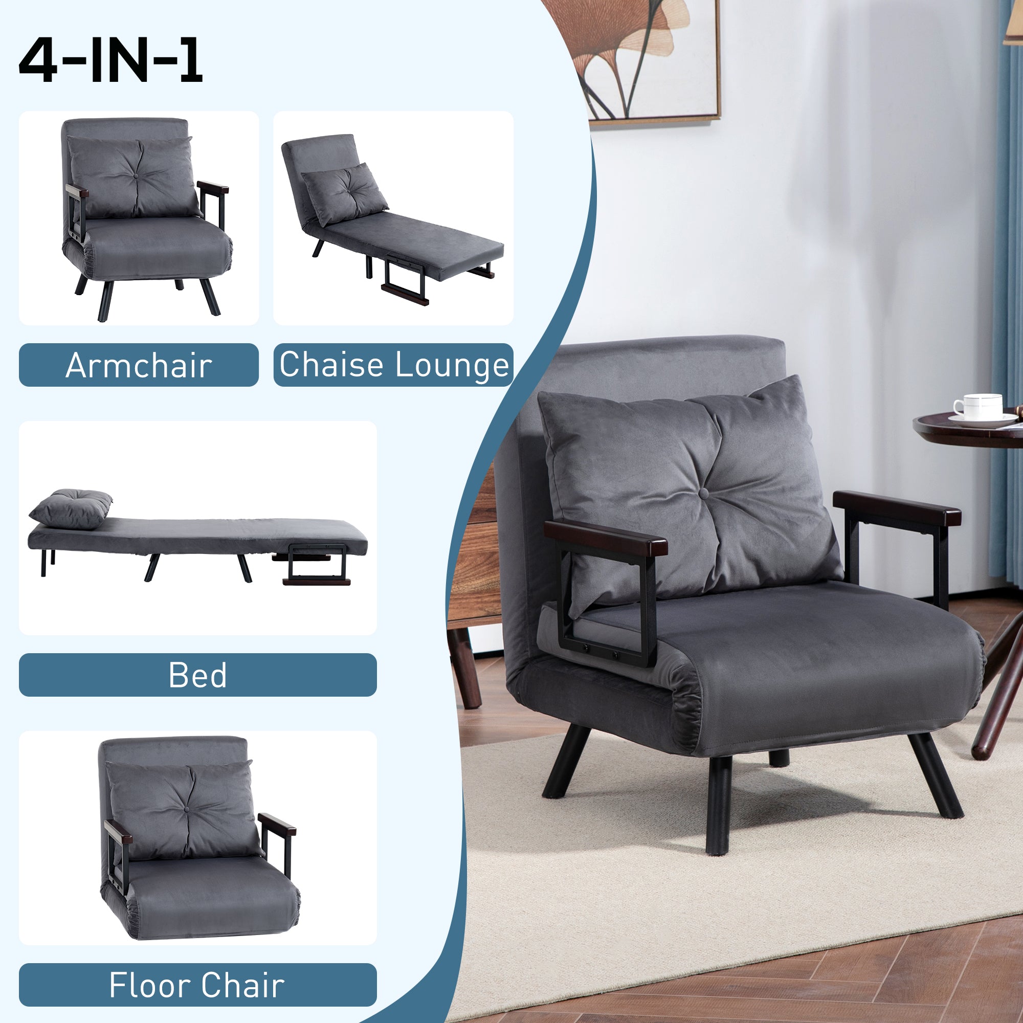 Single Chair Bed, 4-in-1 Convertible with Pillow, Velvet-Feel Charcoal Grey