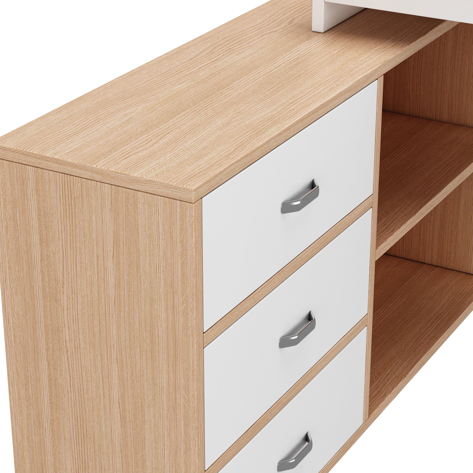 Simple Desk/Office Desk, Three Drawers, Two Open Storage, Natural