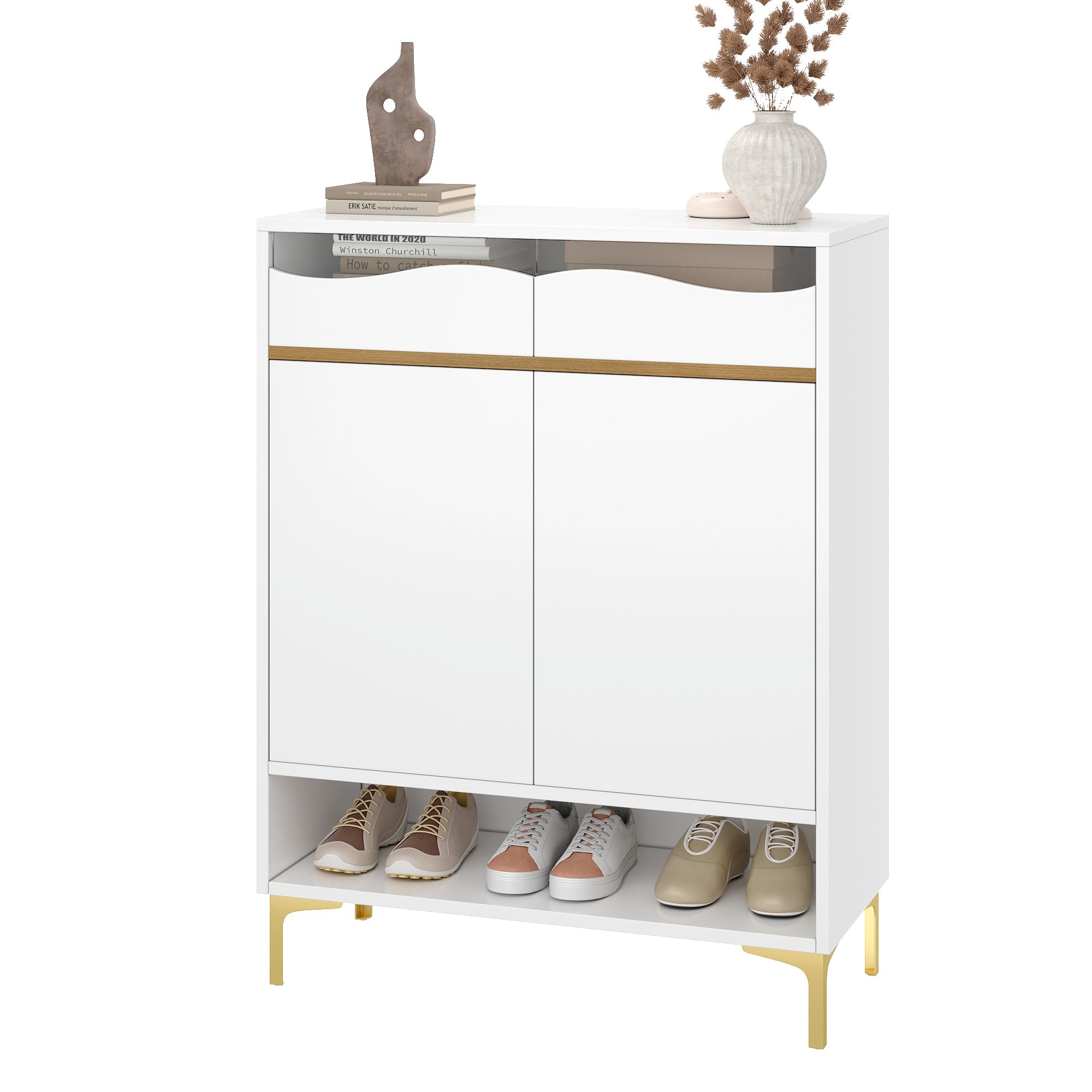 Shoe Cabinet, LED 16 Colors, Drawers & Shelves, Modern White