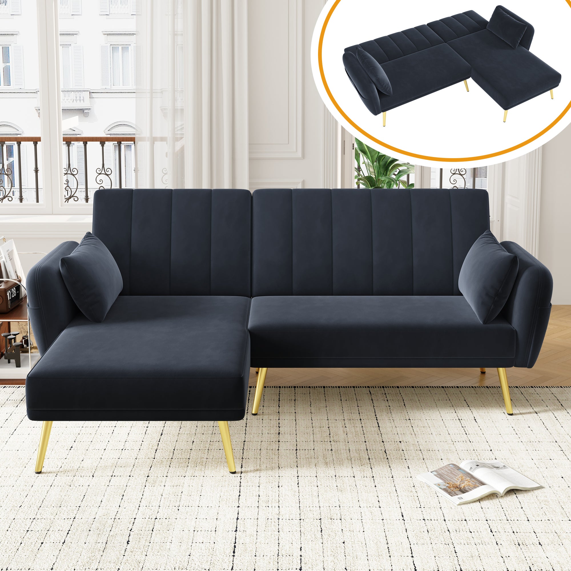 Folding Sofa, Modern L-Shaped Sofa Bed with Corner, Multi-room