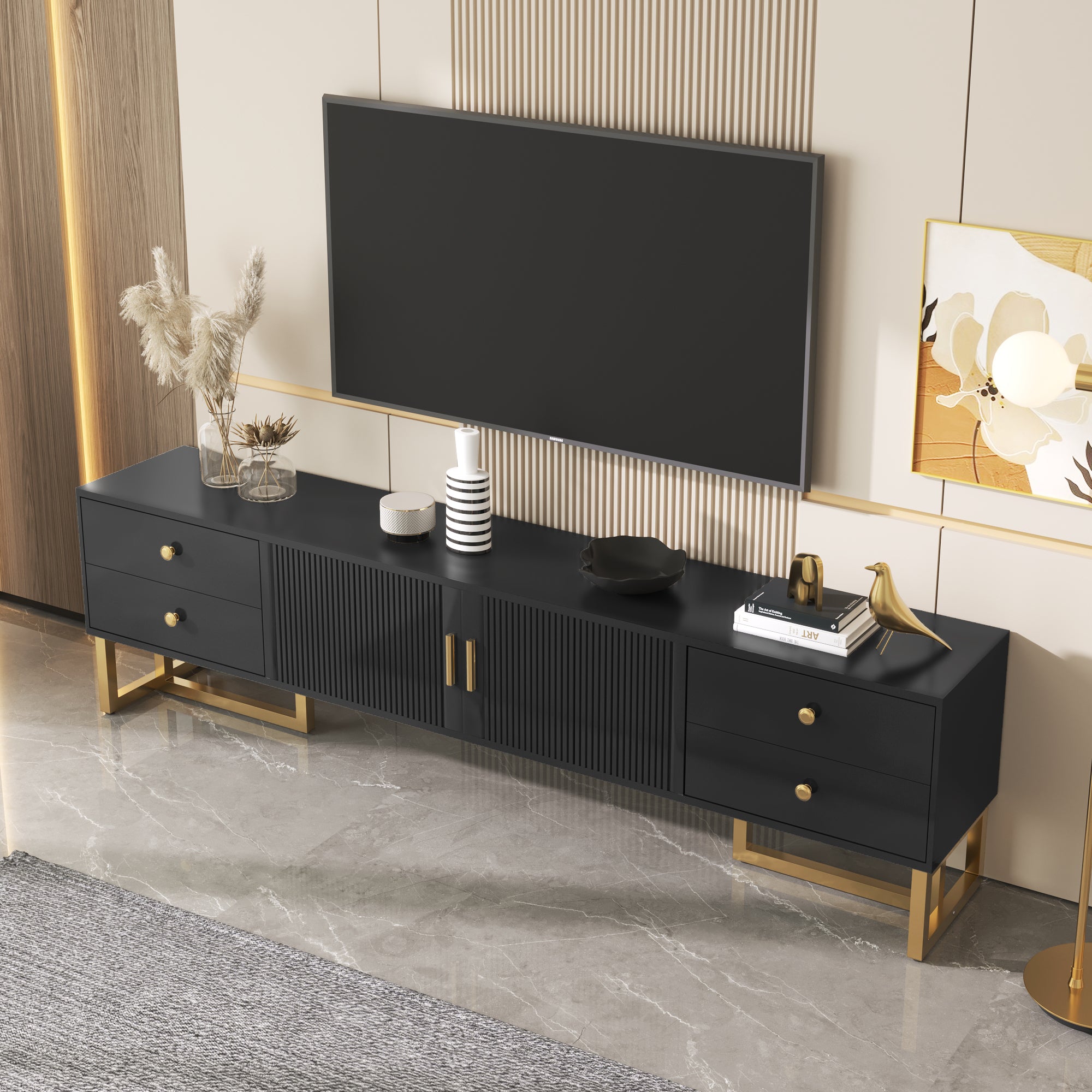 TV Cabinet, Low Panel Textured Door with Drawers, Gold Handles & Feet