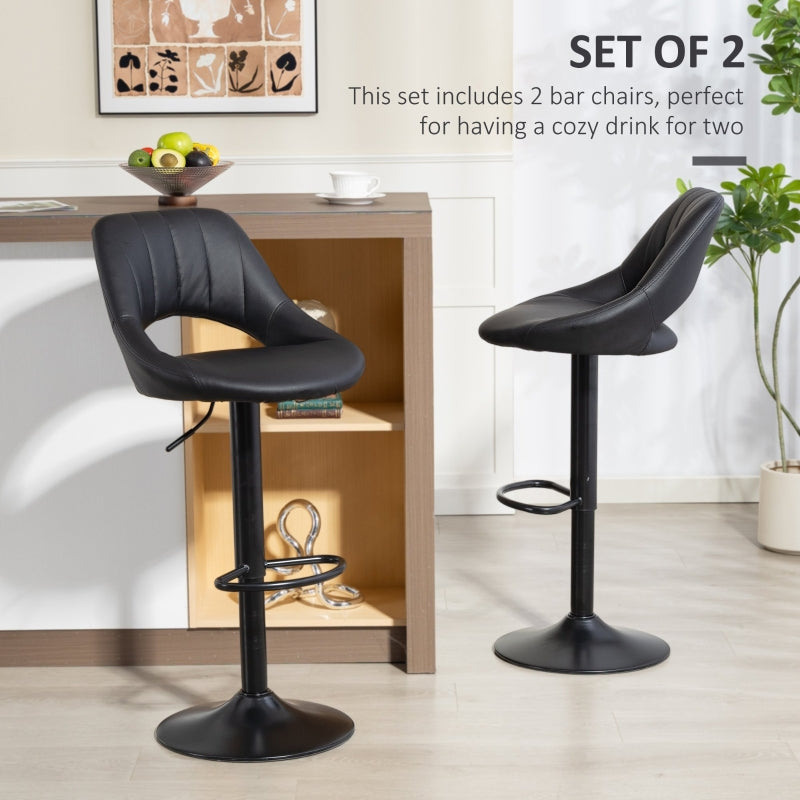 Set of Two Bar Stools, Adjustable Swivel Padded Seat, Faux Leather Black