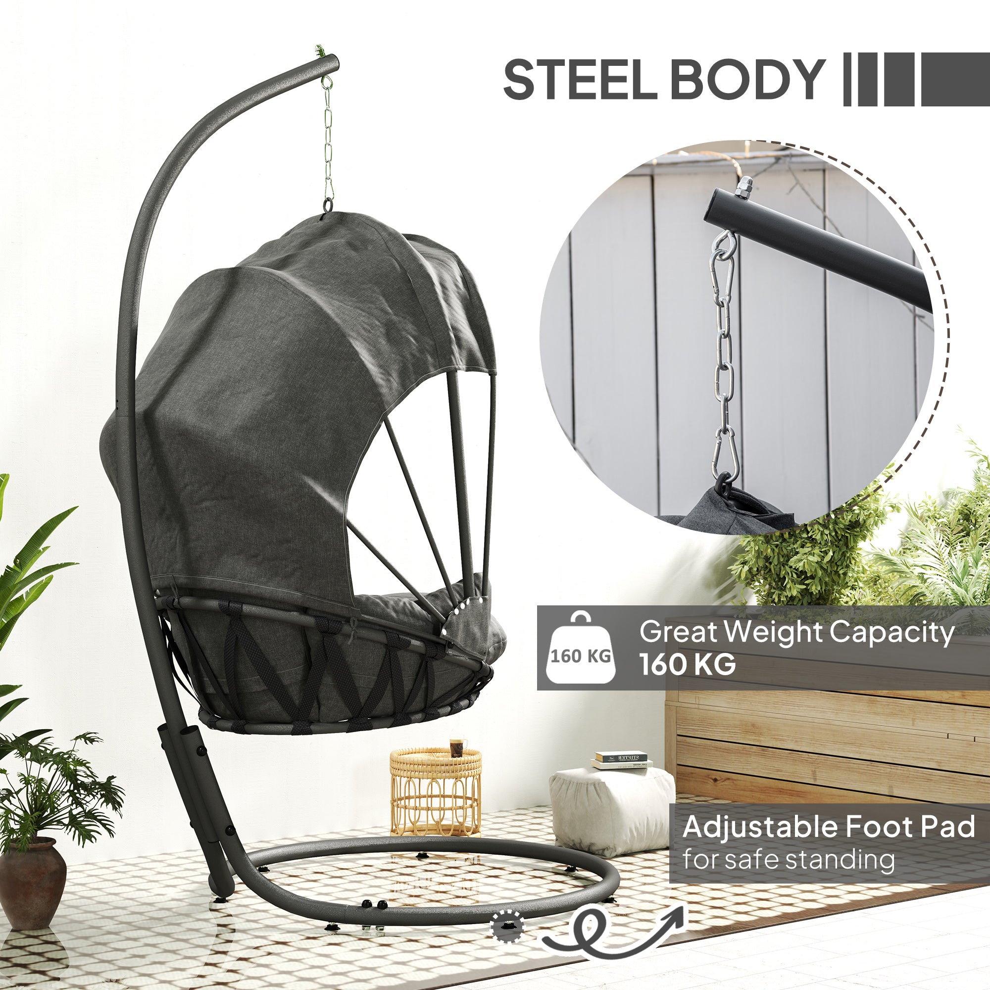 Hanging Egg Chair Swing with Stand, Cushion, and Retractable Canopy - Grey