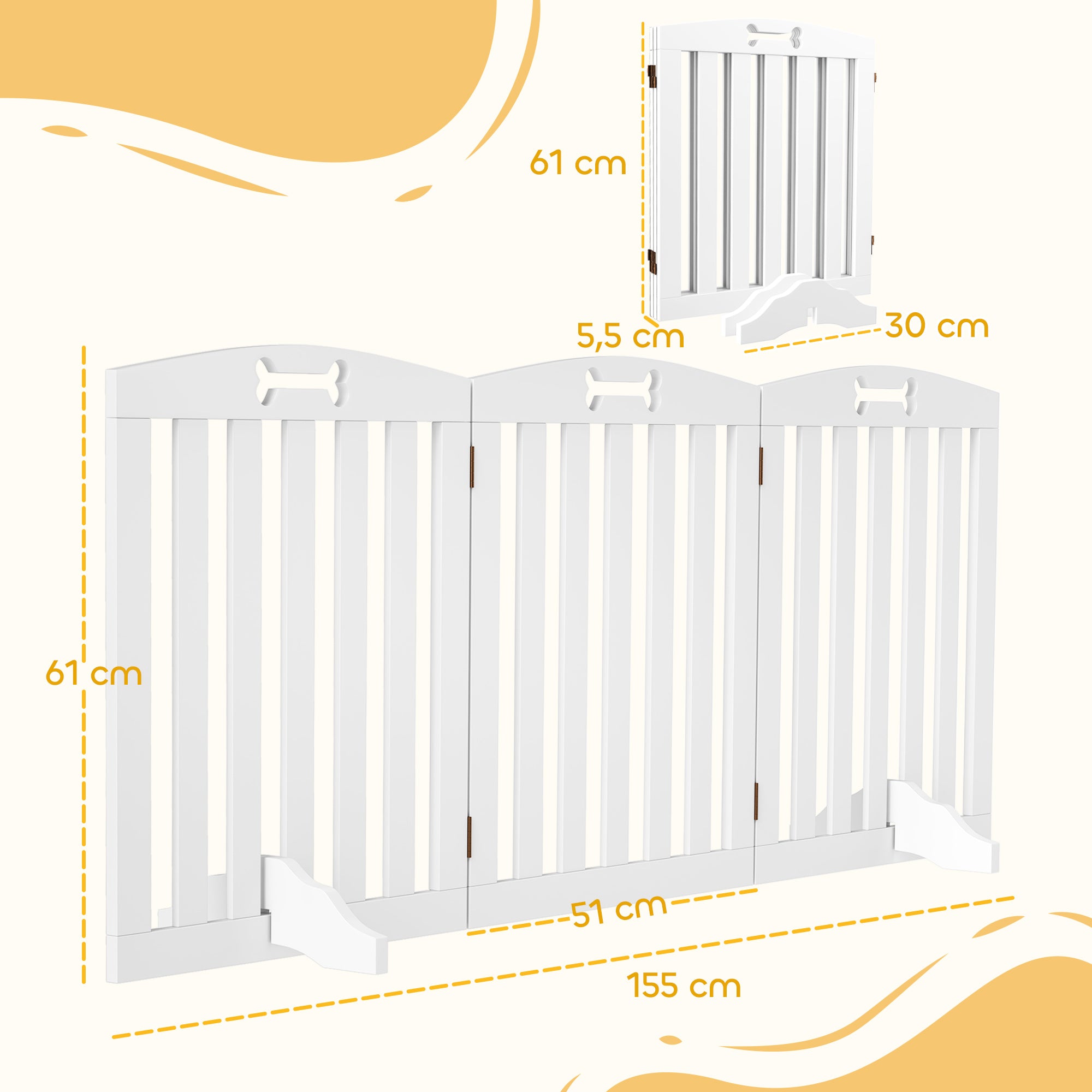 Dog Gate 3-Piece Set Foldable Freestanding 155x61cm, White
