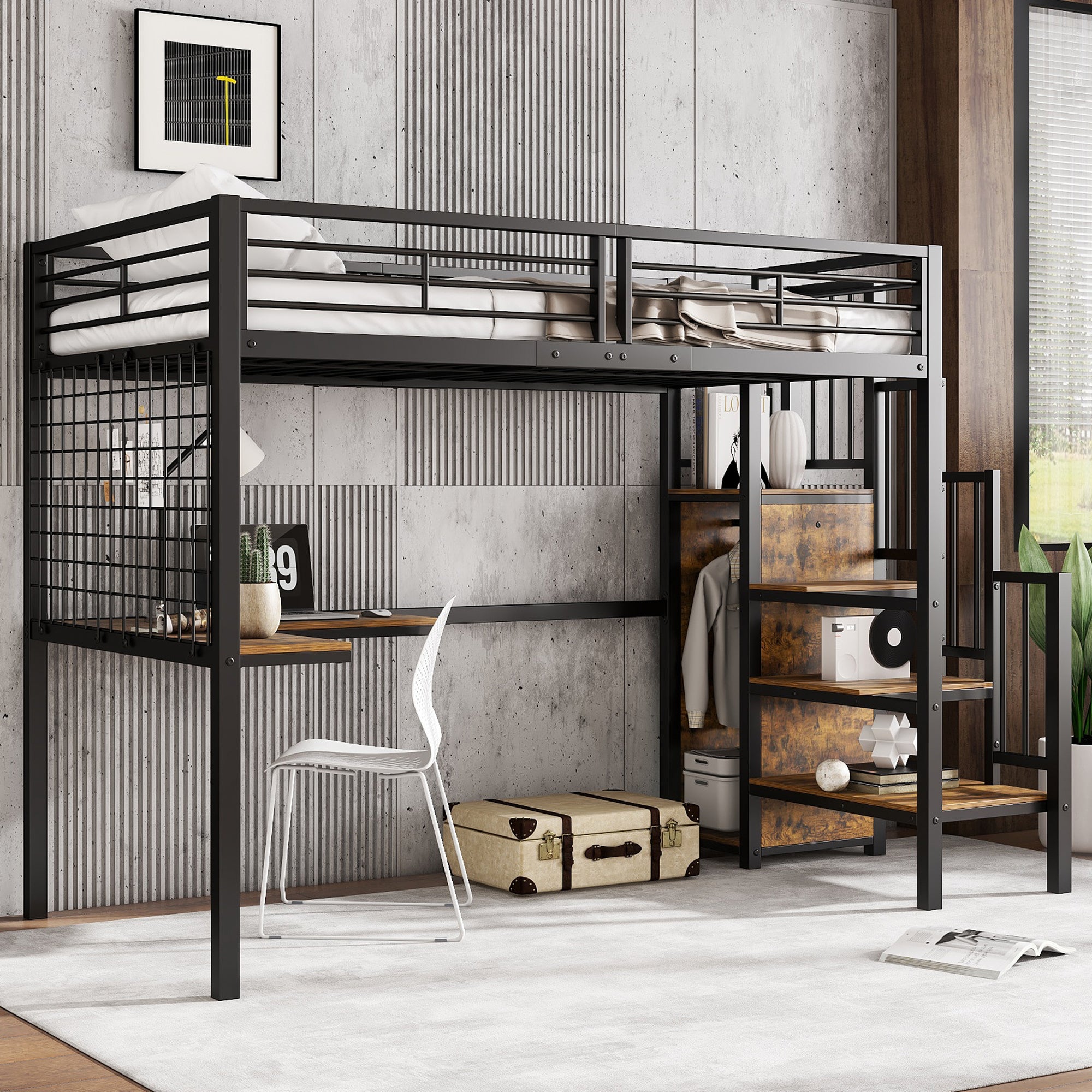 Iron Bunk Bed, Loft Bed with Table & Wardrobe, 90x200cm, Black Iron & Dark Wood