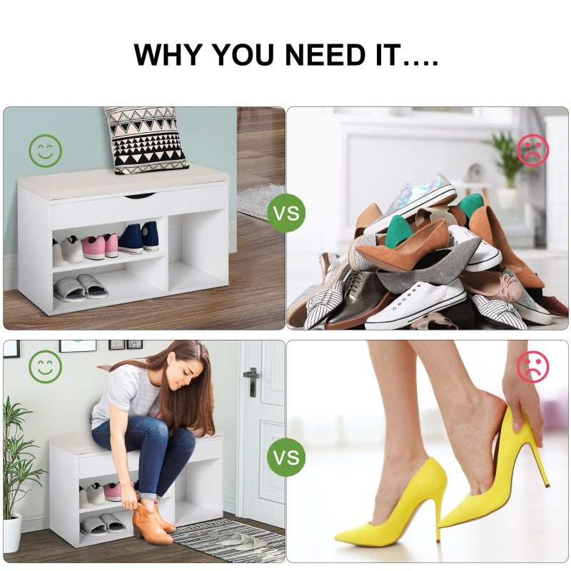 Wooden Shoe Cabinet Bench Hidden Storage Padded Seat Organiser Rack, White