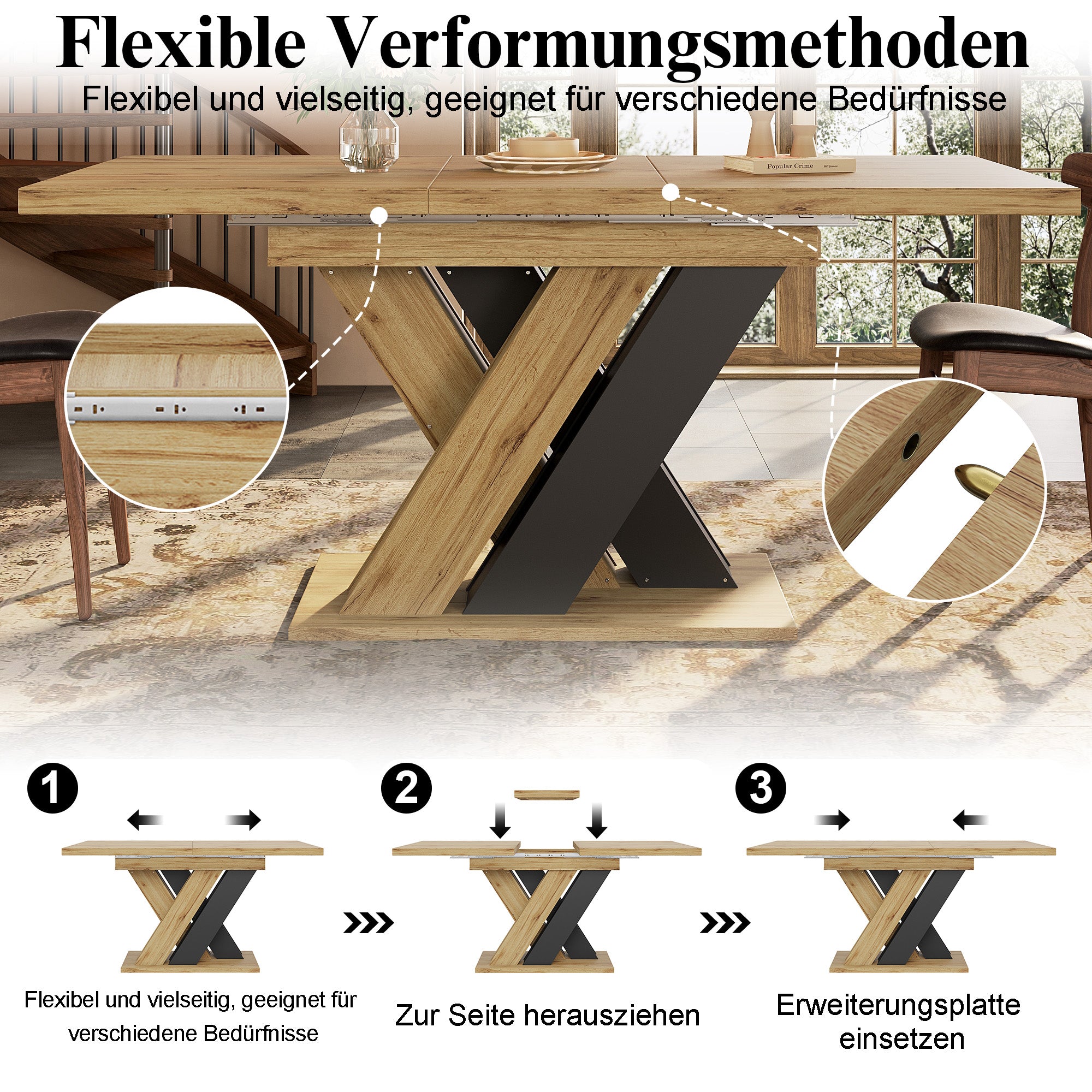 Telescopic Dining Table 119-158.5x80cm Extendable X-Legs - Wood Color