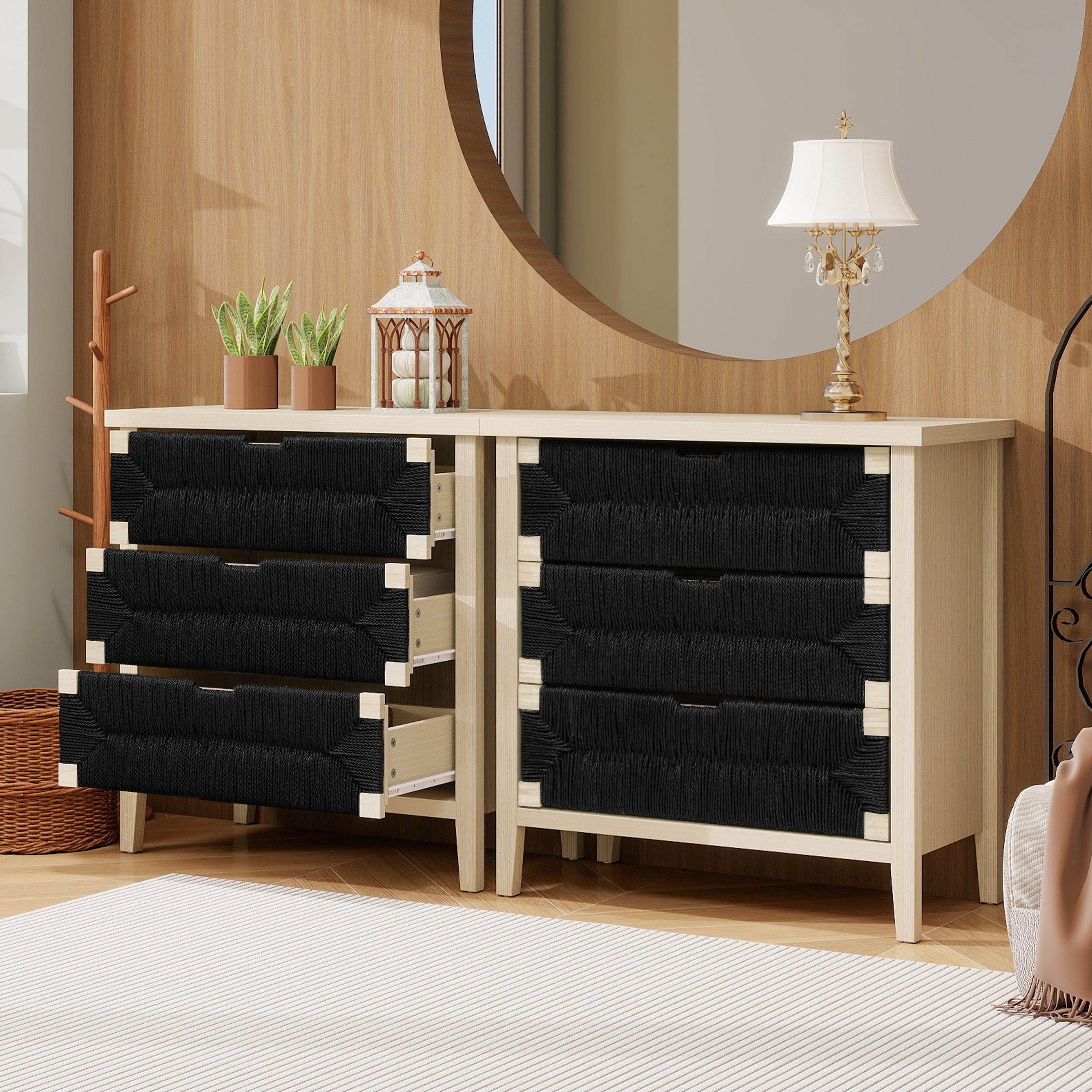 Chest of Drawers 3-Drawer Boho Rope Design 80cm - Natural Wood/Black