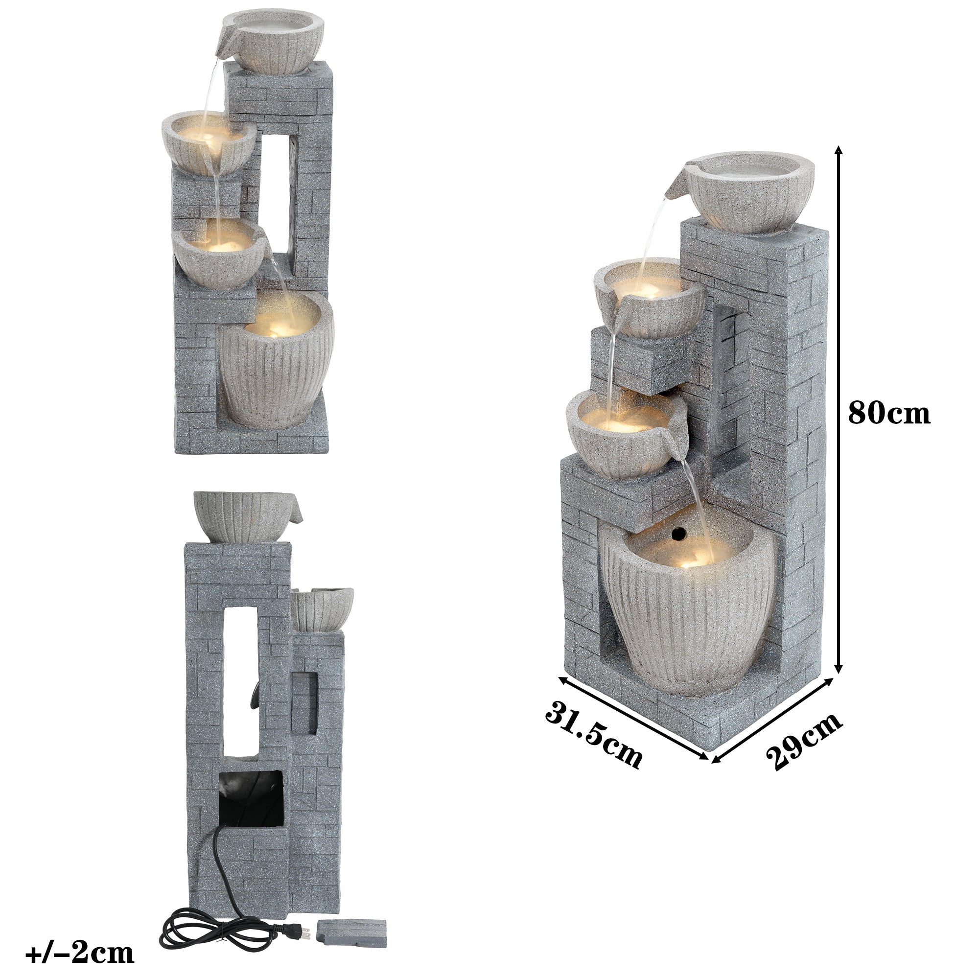 80 cm Layered Stone Basin with LED Fountain for Garden and Terrace, Stone Grey
