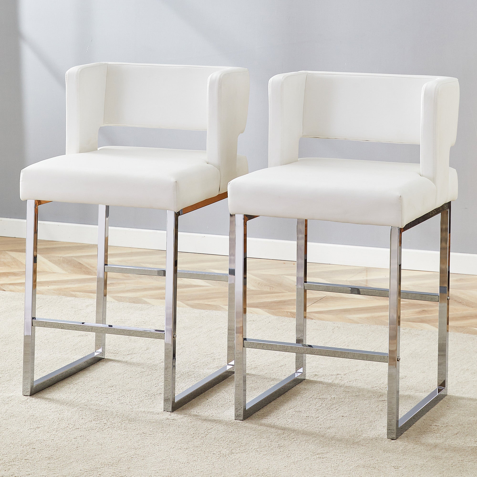 Bar Stools (2-Pack) Nordic Style Square Design, Silver Metal Legs