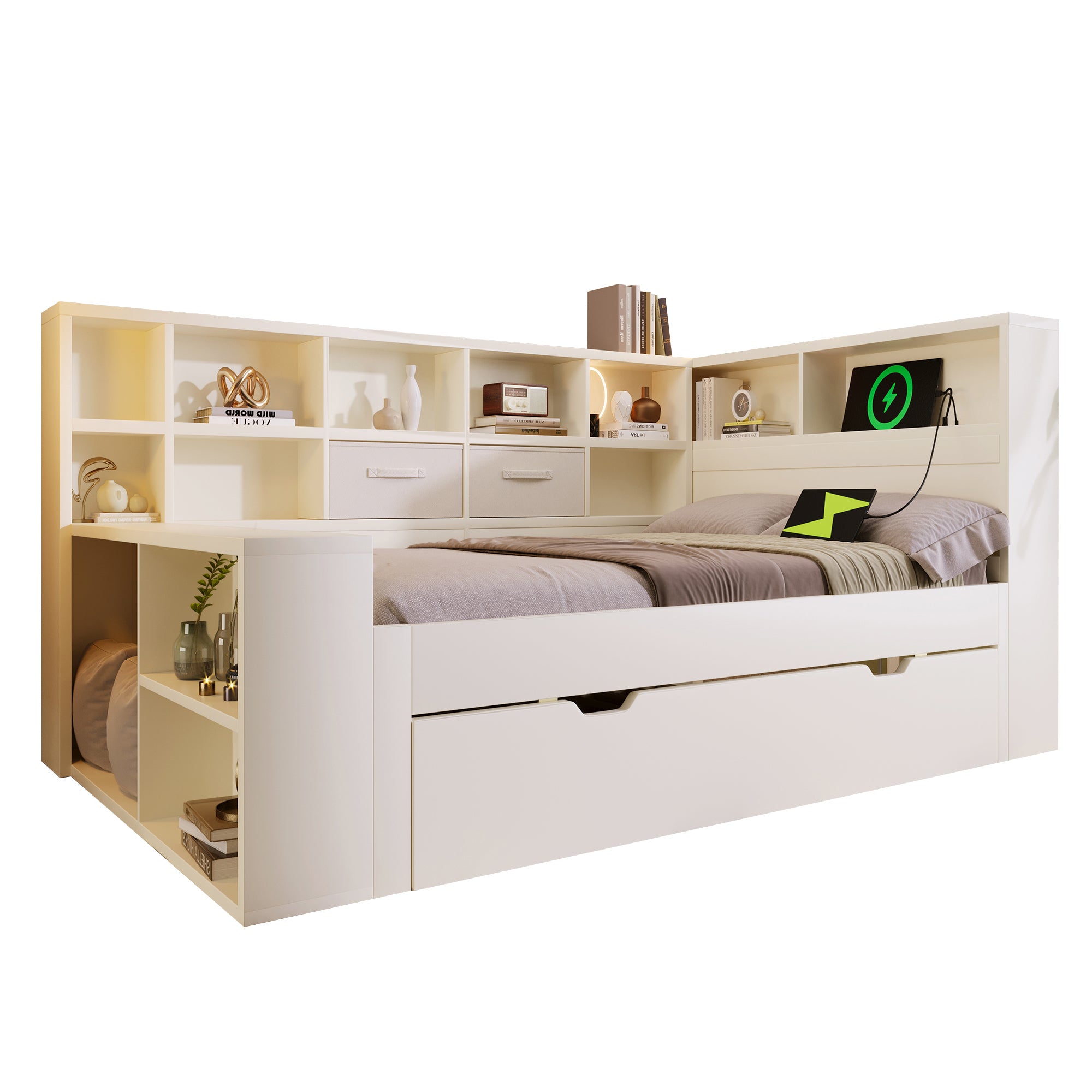 Single Bed with Pull-Out Bed, Shelves and USB Charging, White