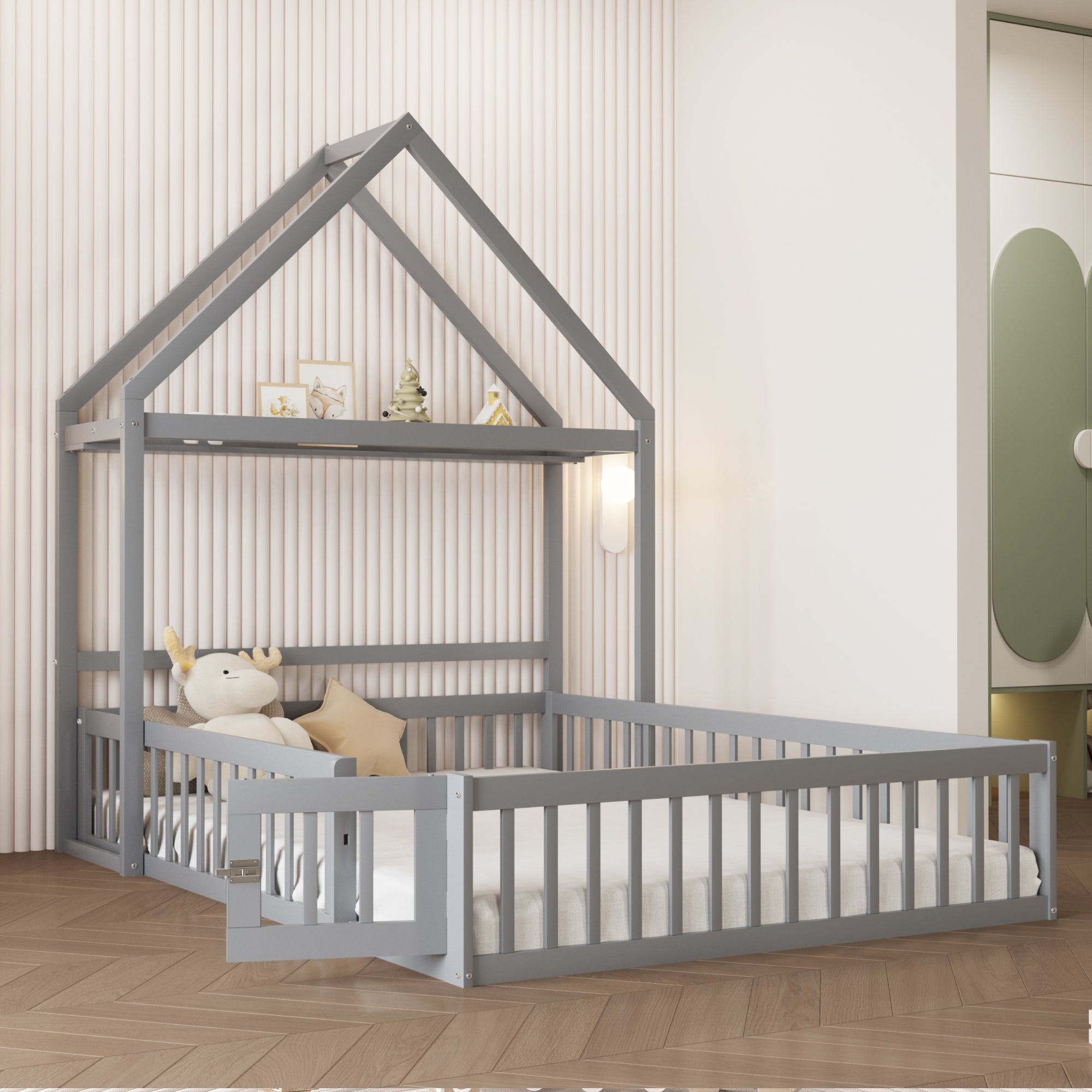 Children's Bed, 140x200 Solid Wood with Storage, Full Safety Gate & Slatted Frame, Grey