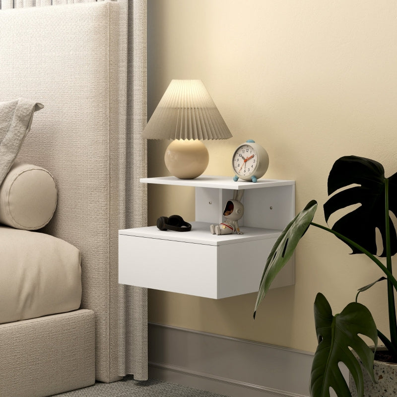 Hanging Nightstand, Drawer, Open Compartment, White