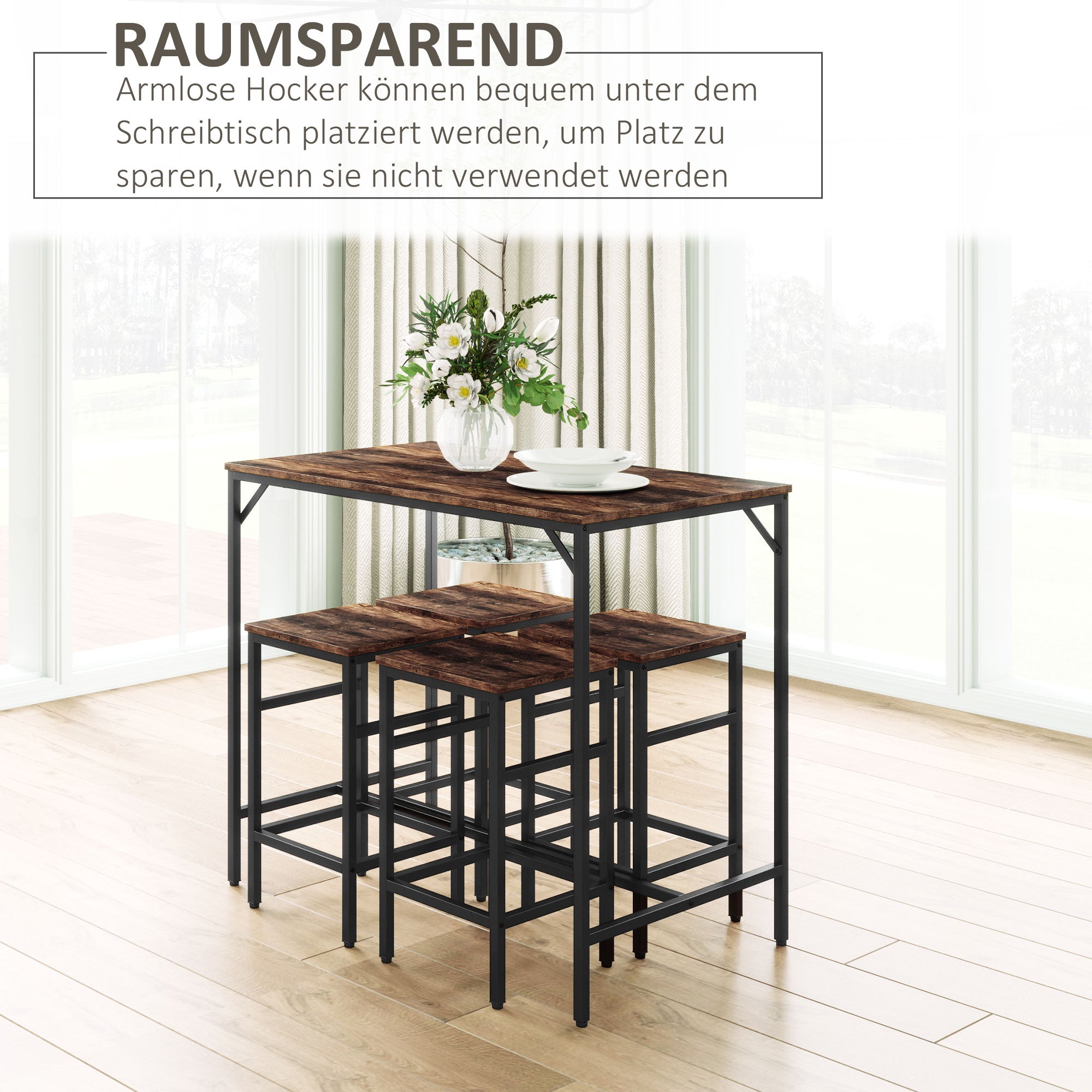 Bar Table Set, 5-Piece Standing Table with 4 Stools, Rustic Brown/Black Chipboard/Steel