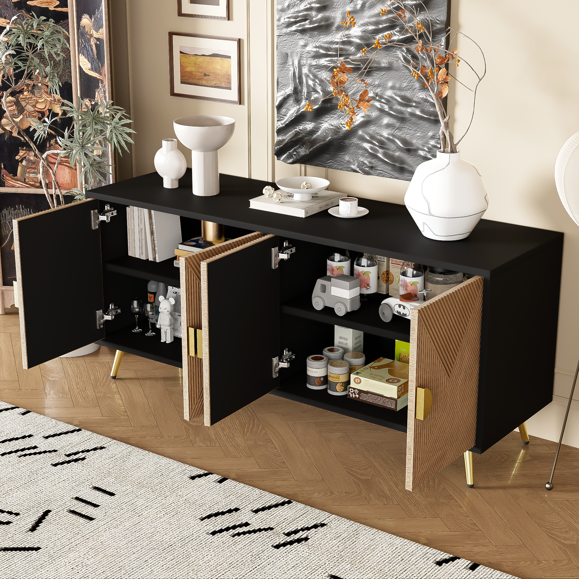Sideboard, 160 cm, Four Doors, Golden Brushed Handles, High-Gloss Table Legs