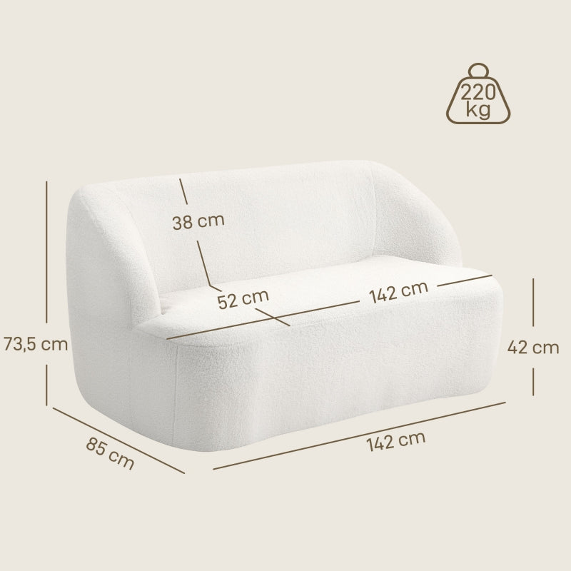 2-Seater Sofa, Curved Design Upholstered with Fleece Cover, Cream White