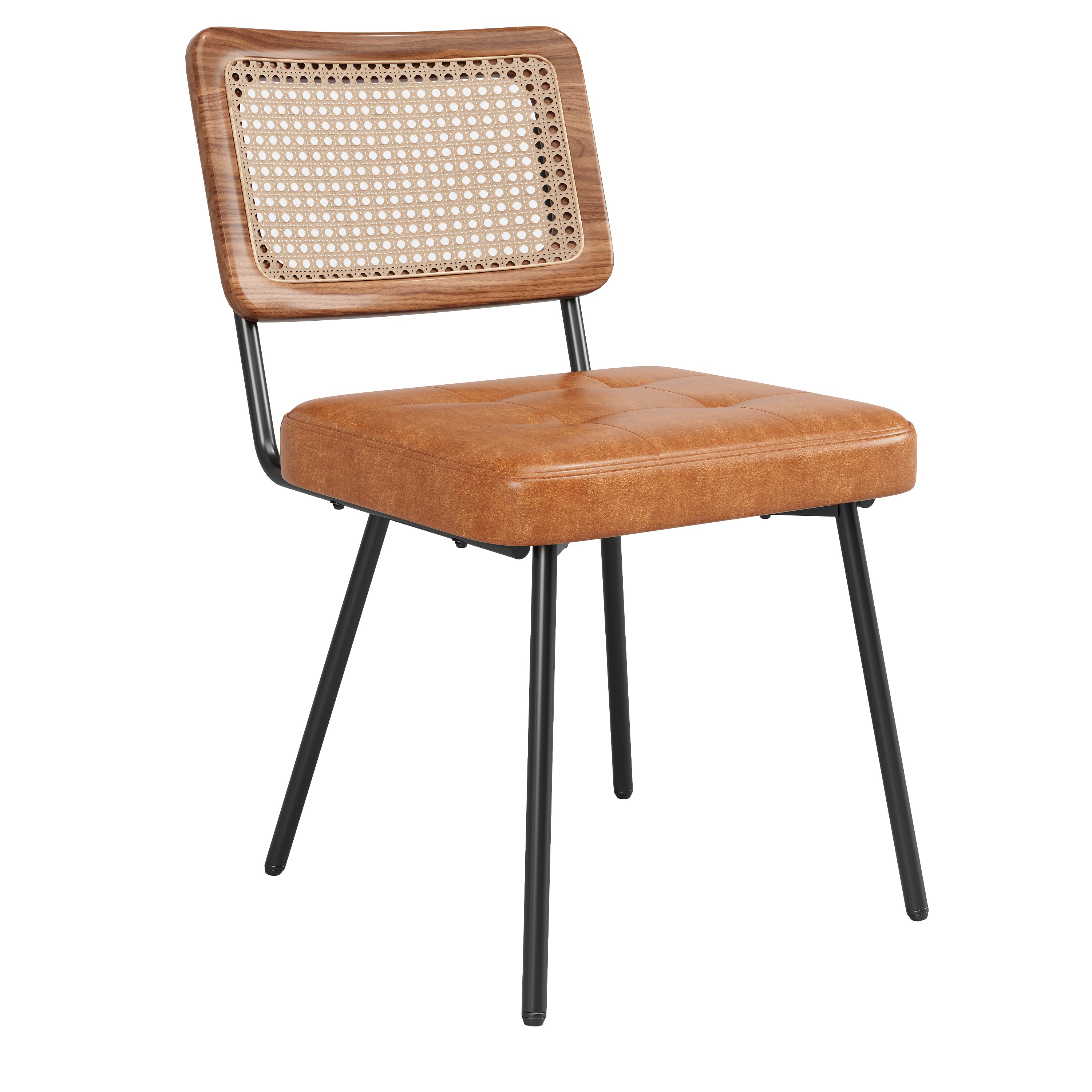 Ergonomic Dining Chair Set of 2 with Rattan and Faux Leather