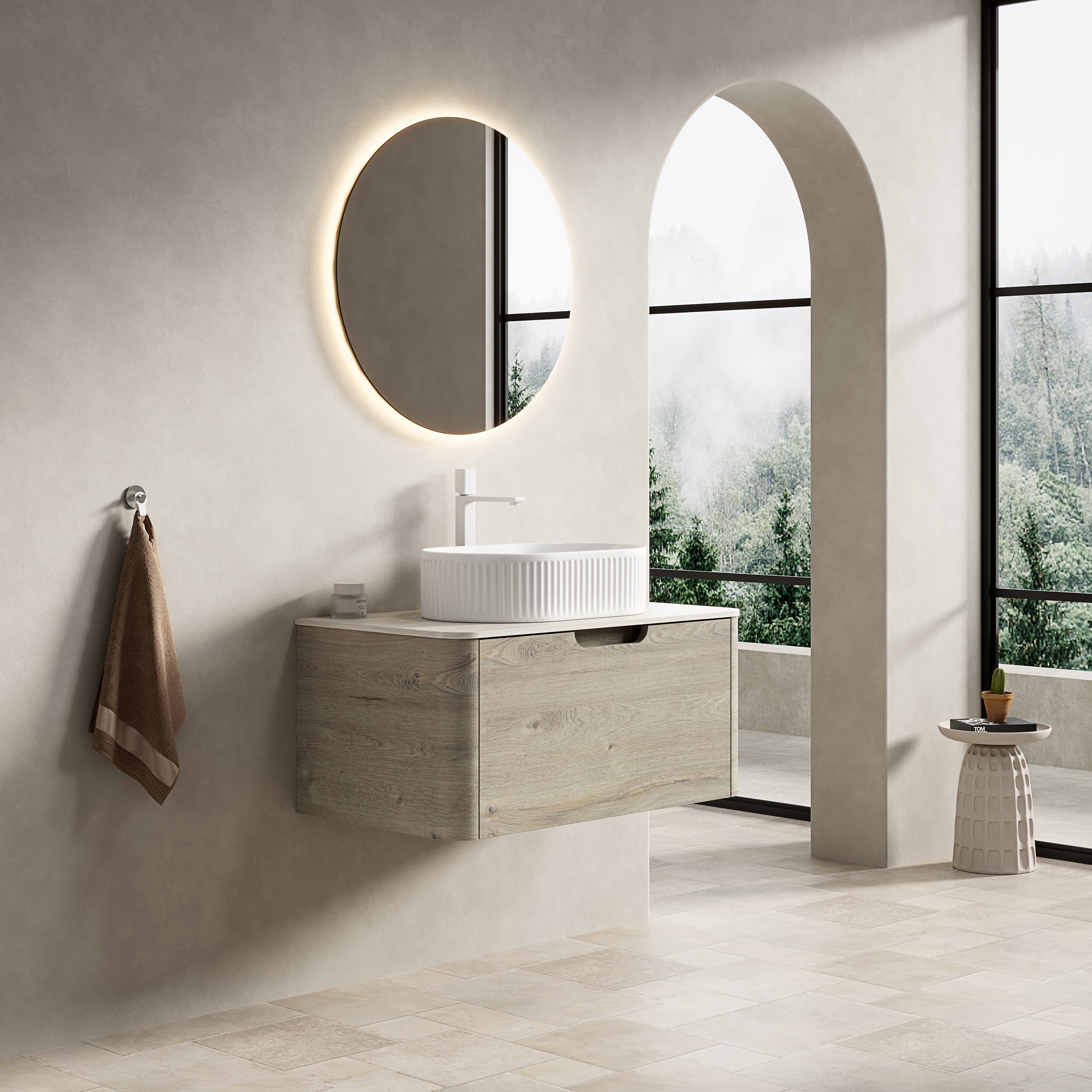 Floating Bathroom Vanity with Oval Sink and Sintered Stone Top, Oak Cream Wood Grain