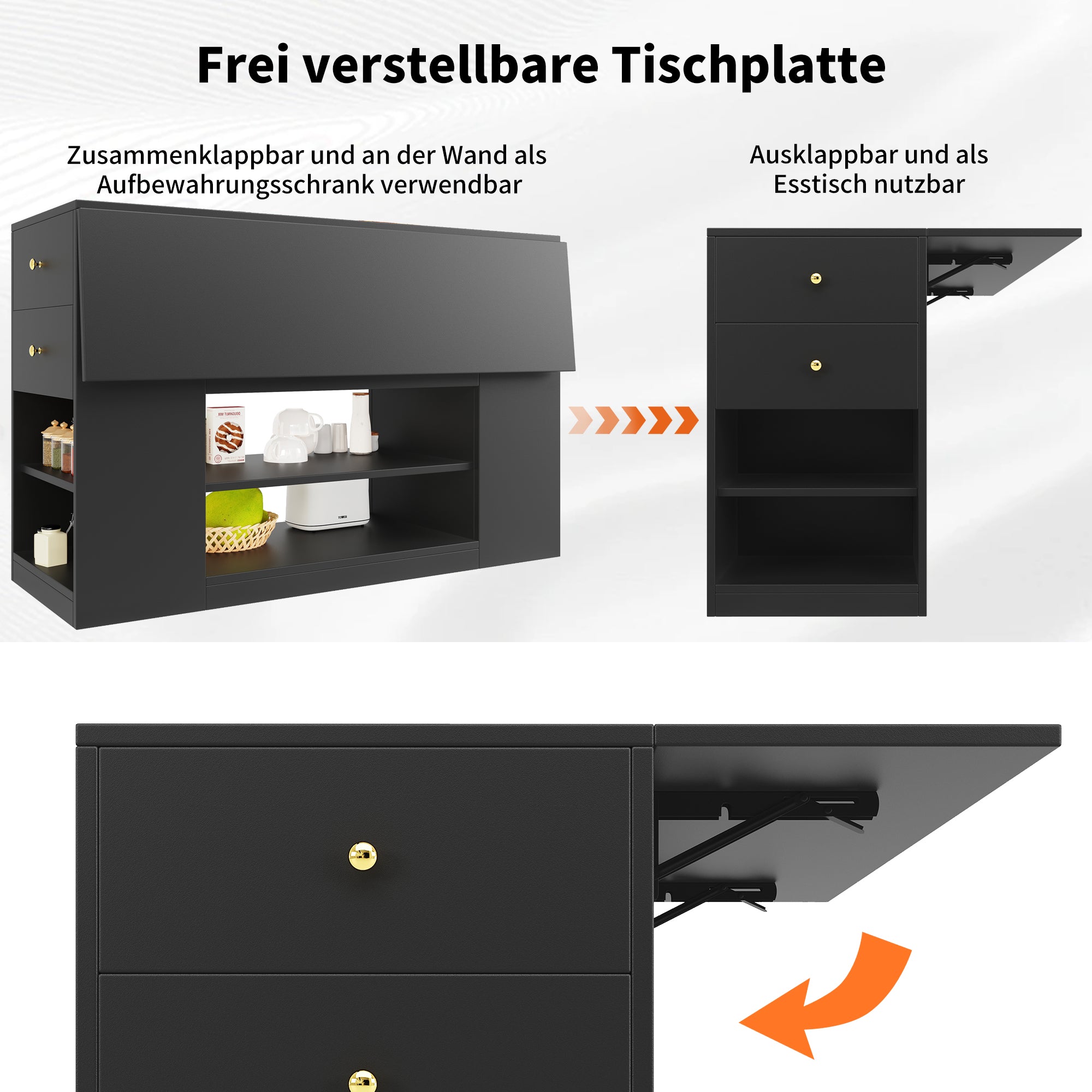 Modern Kitchen Island Cabinet Drawers Shelves Buffet Storage - Black