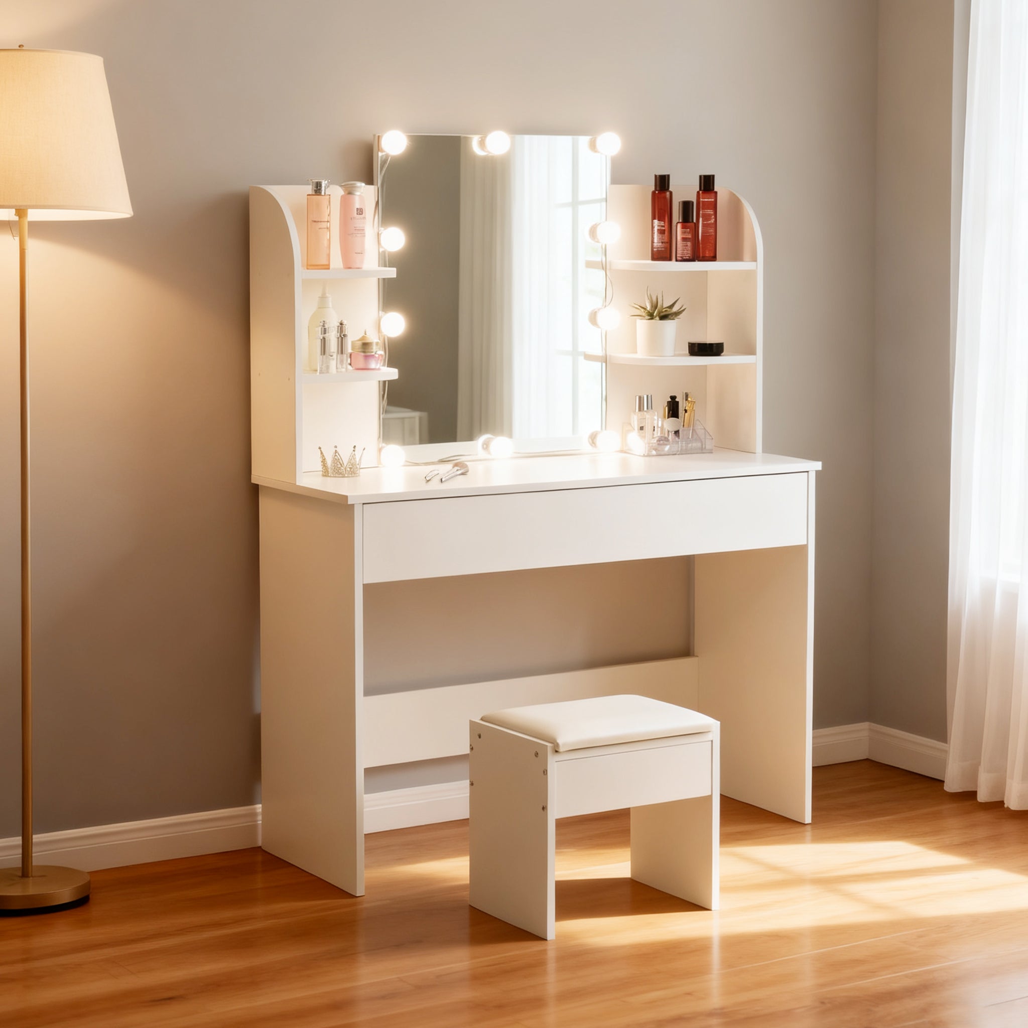 Dressing Table with Stool, LED Lighted Mirror, White