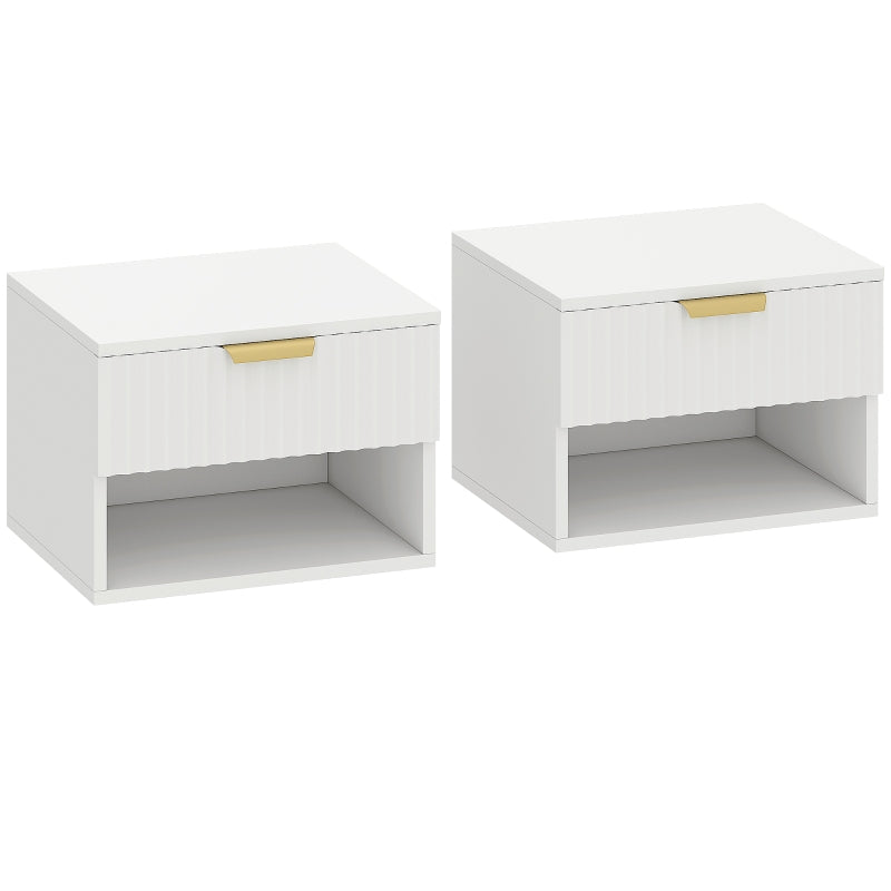Floating Nightstands Set of 2, Wall Mounted Bedside Tables with Fluted Drawer and Open Shelf, White
