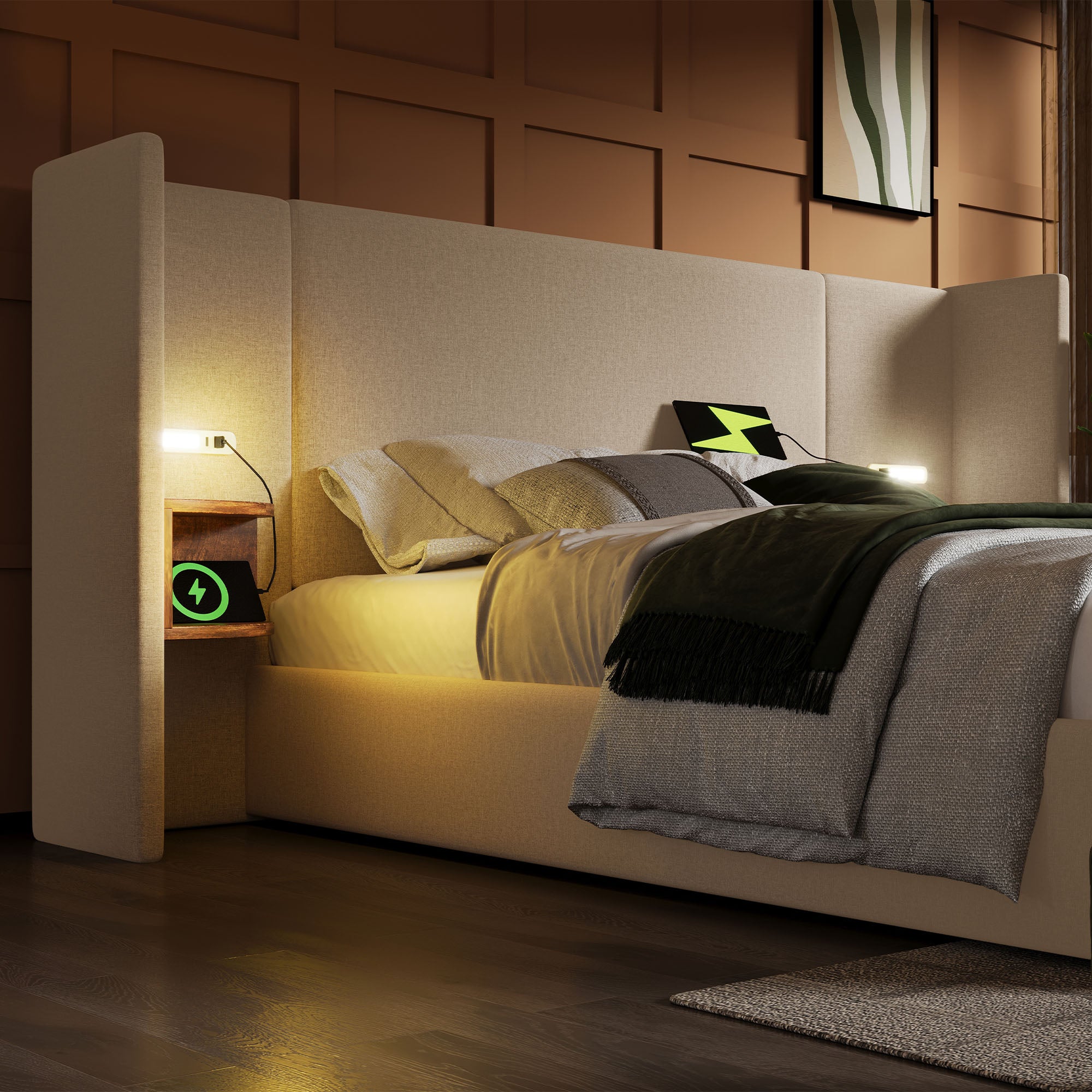 Upholstered Double Bed 180x200 with Bedside Table, Reading Lamp, USB-C Charging, Beige Linen