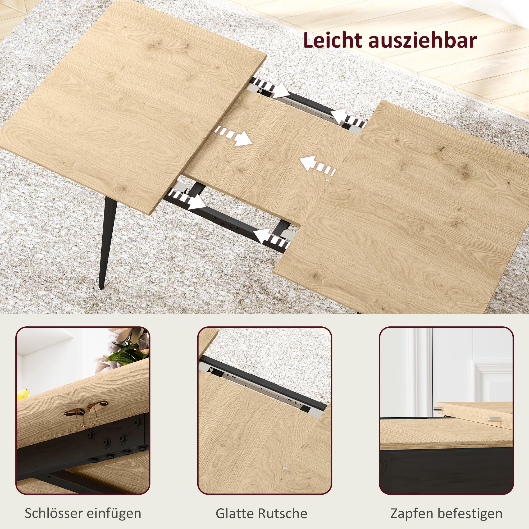 Extendable Dining Table 120/160 cm, 6-8 Person Kitchen Table Steel Legs, Natural Finish
