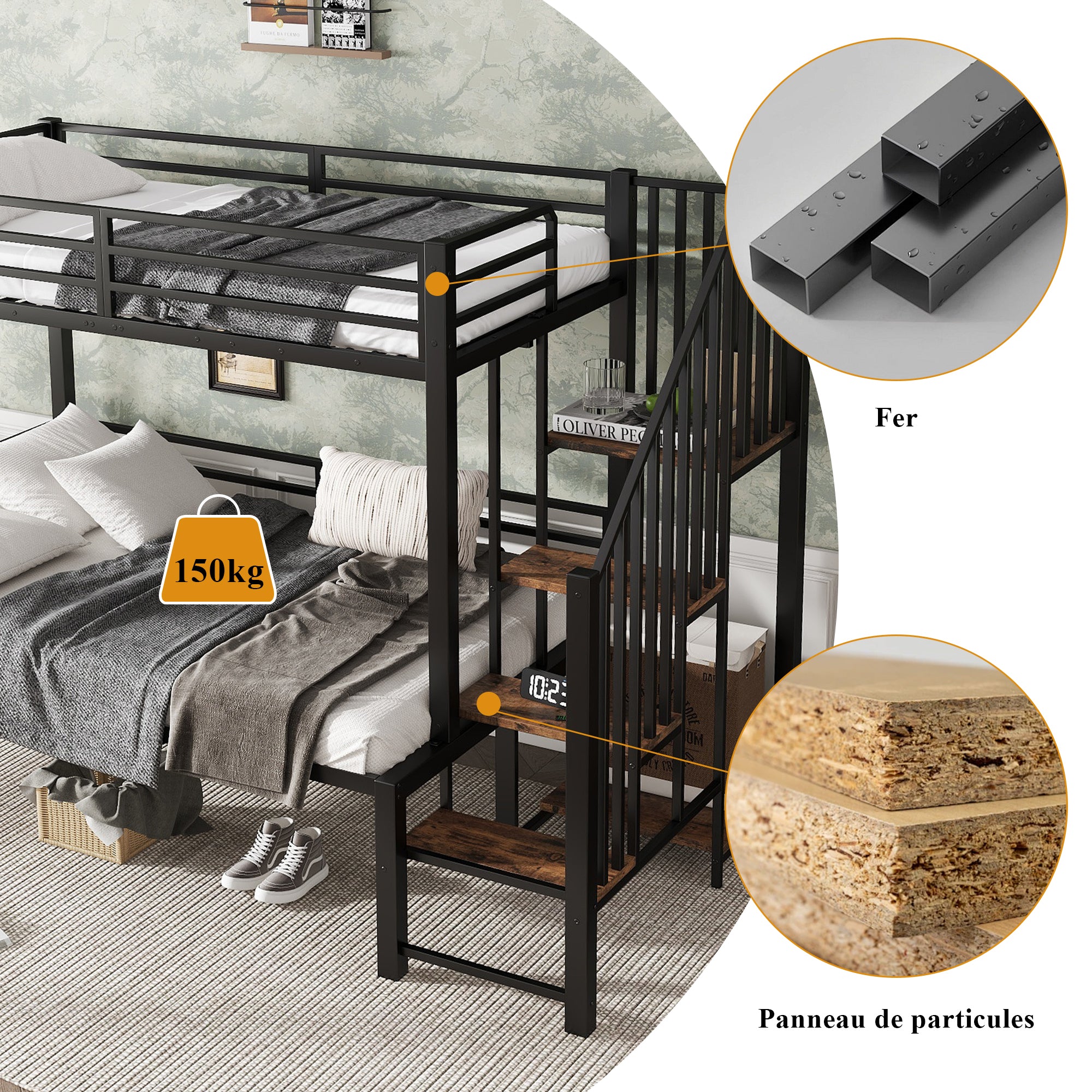 Iron Bunk Bed with Storage Ladder Wardrobe, 90x200cm & 120x200cm, Black+Vintage Wood Iron+MDF