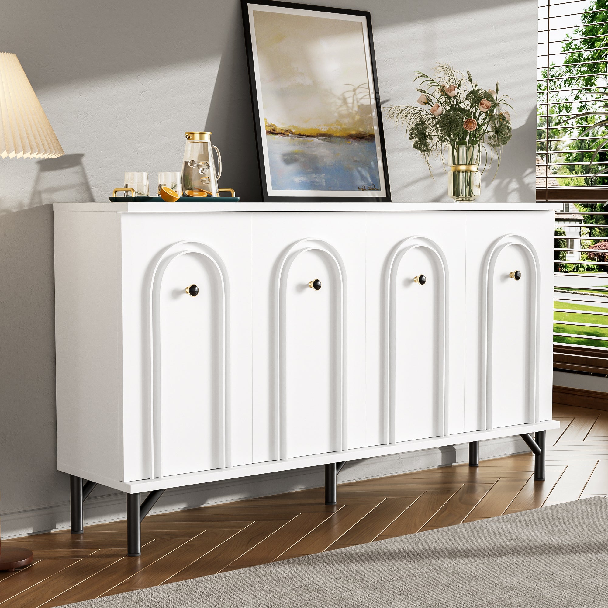 Sideboard, 4-Door with Curved Front, Adjustable Shelves, White