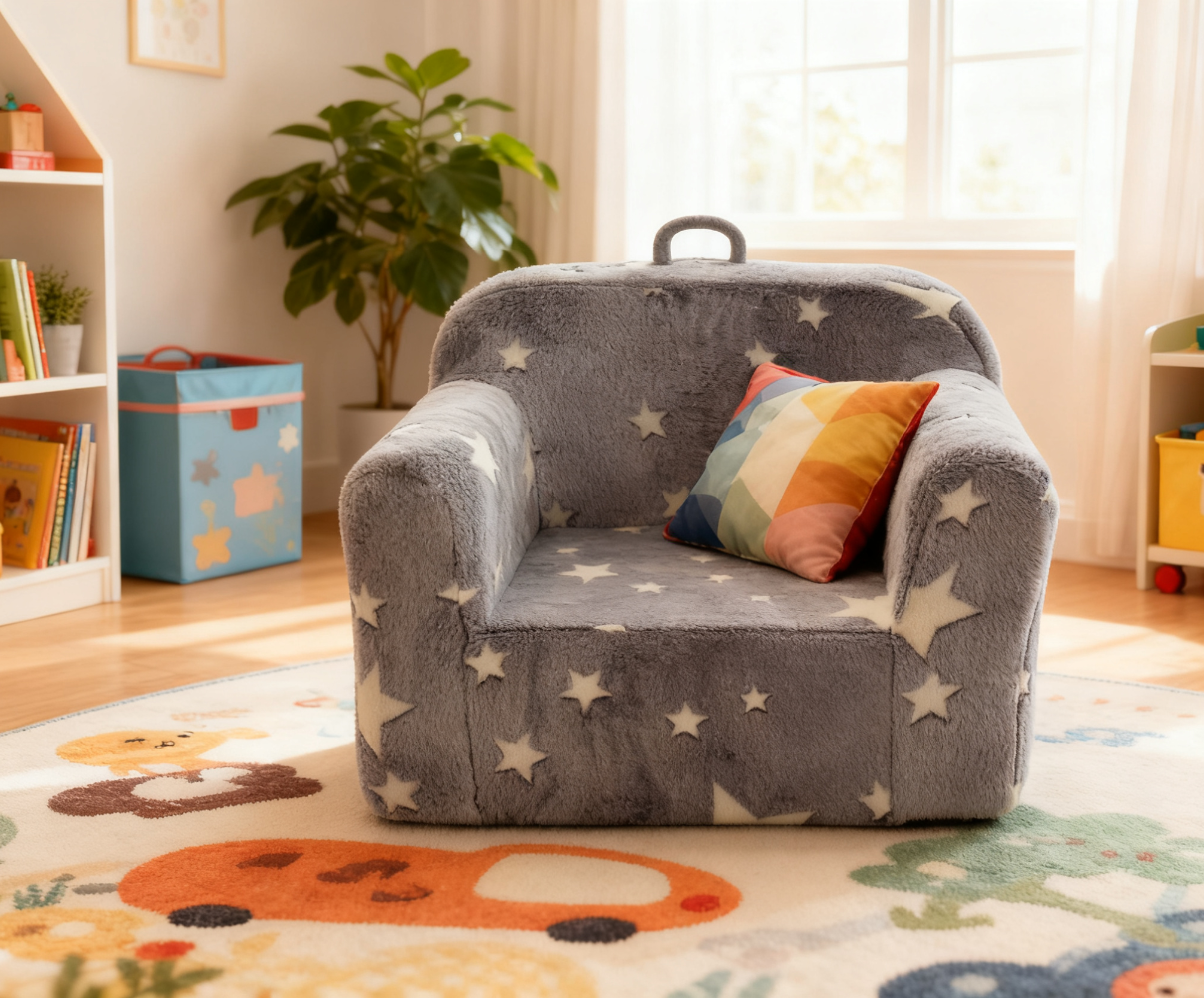 Children's Sofa Toddler Armchair - Lightweight Foam Chair with Carrying Handle & Side Pockets - Grey