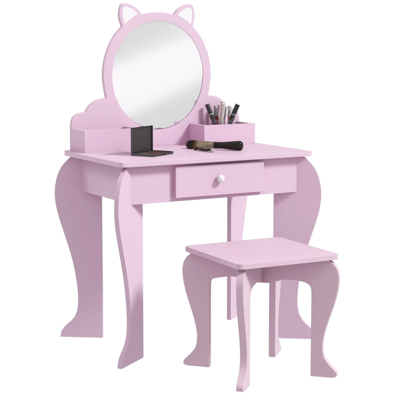 Kids Vanity Table with Mirror, Stool, Drawer, Cat Design, for Ages 3-6 Years - Pink
