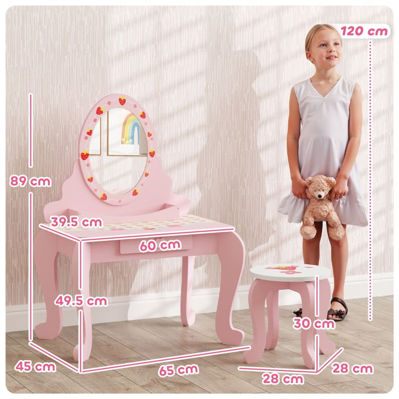 Kids Dressing Table Set Vanity Table with Stool Mirror Drawer Storage Pink