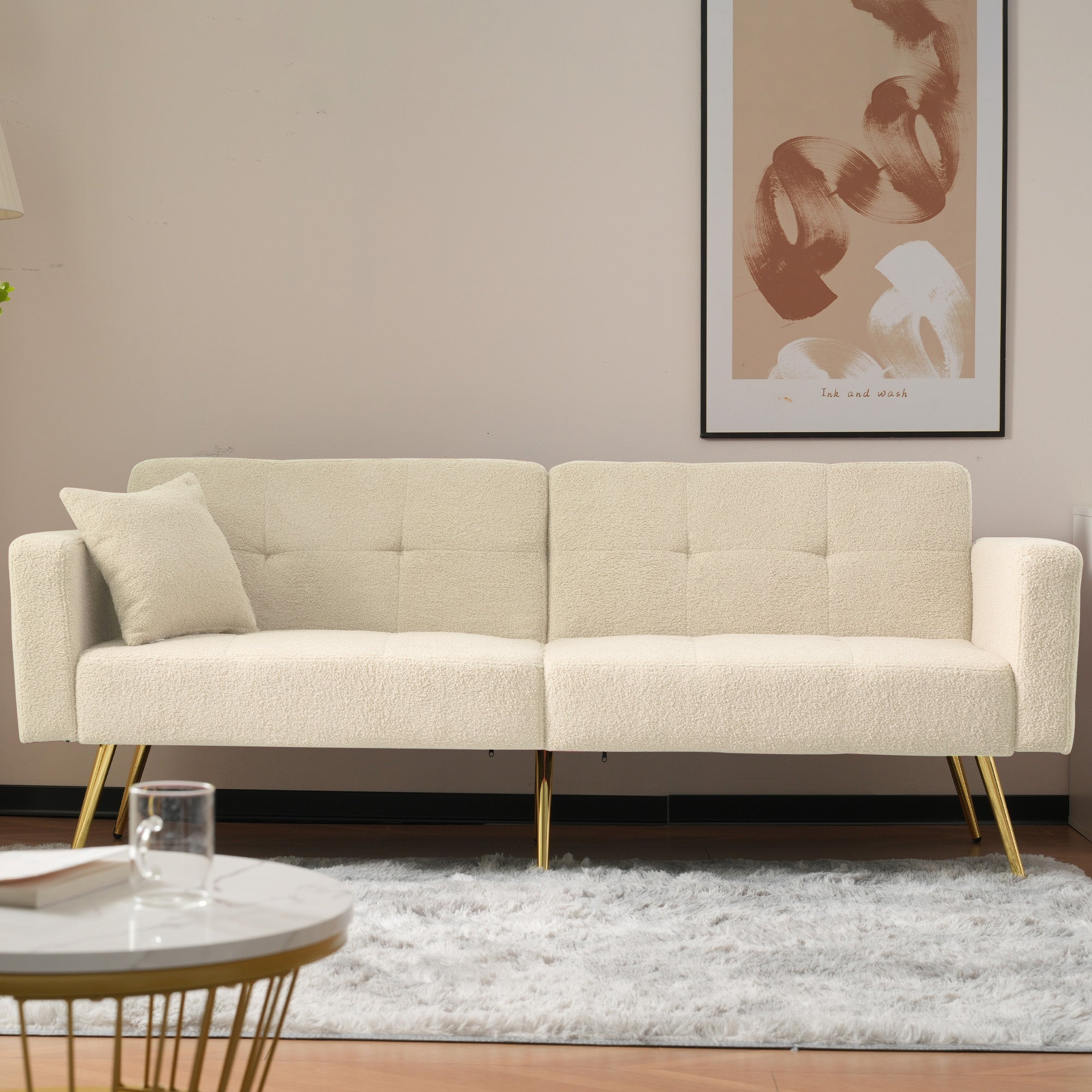 Sofa Bed with Adjustable Backrest, Bed Function, and Storage Pockets, Gold Legs